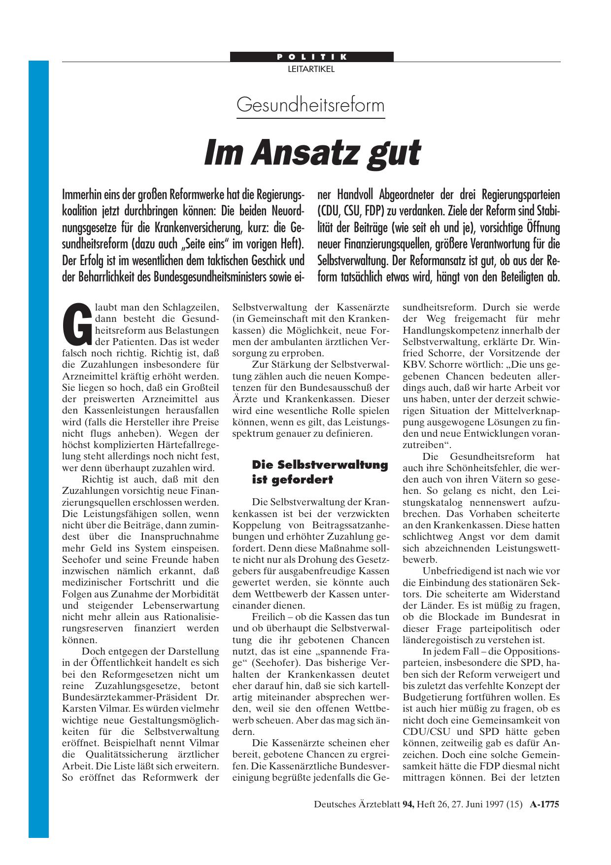 Vorschauseite 1: Gesundheitsreform: Im Ansatz gut