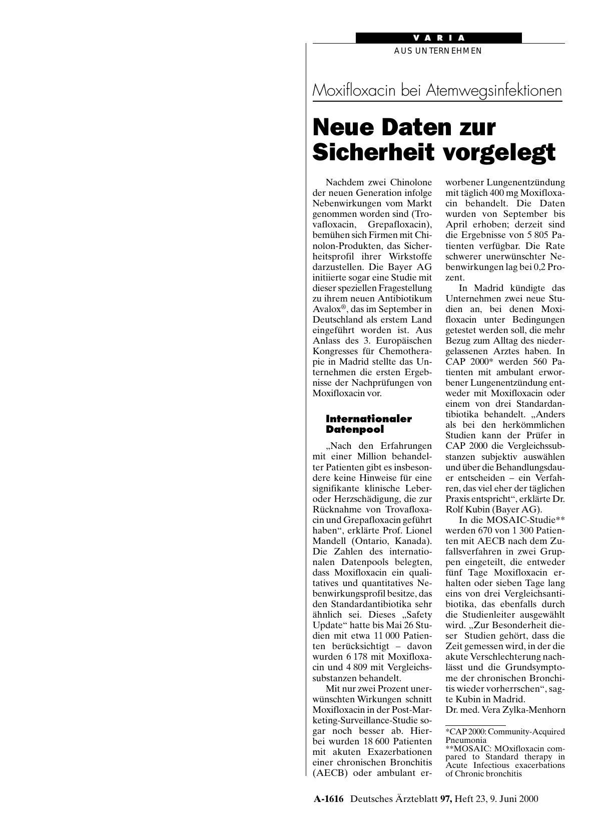 Vorschauseite 1: Moxifloxacin bei Atemwegsinfektionen: Neue Daten zur Sicherheit vorgelegt