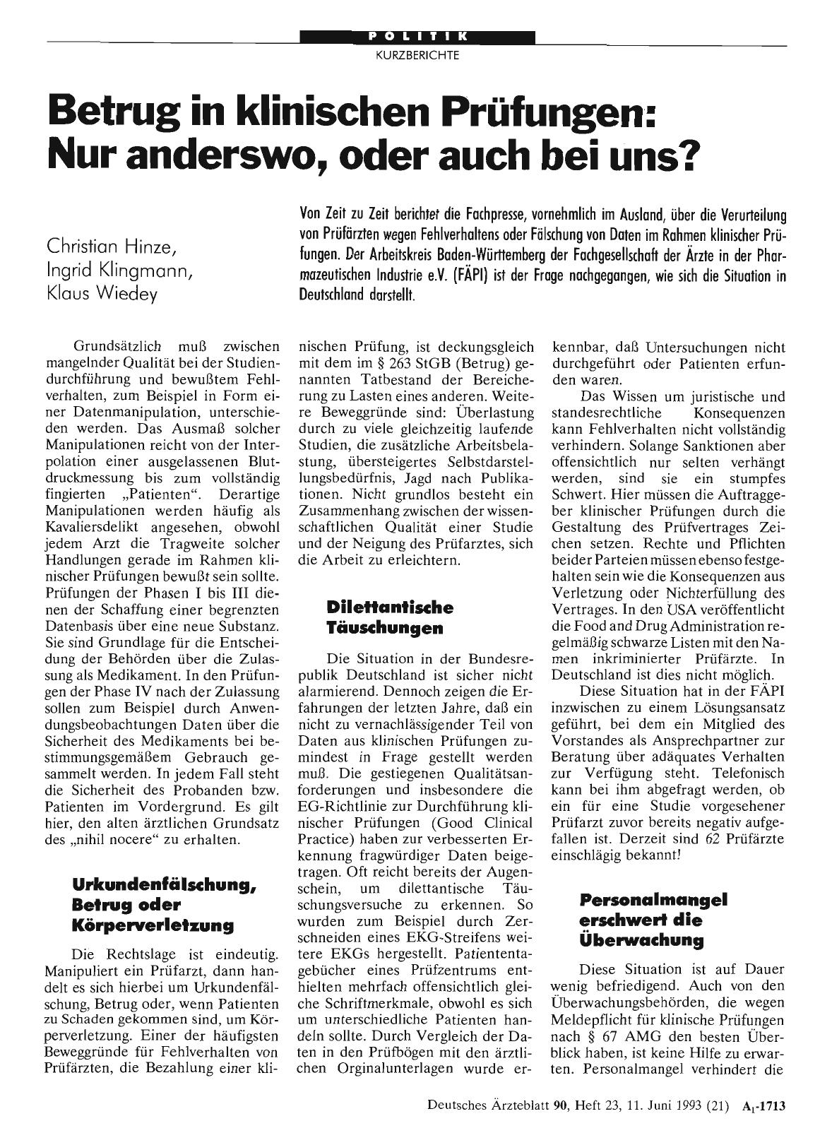 Vorschauseite 1: Betrug in klinischen Prüfungen: Nur anderswo, oder auch bei uns?