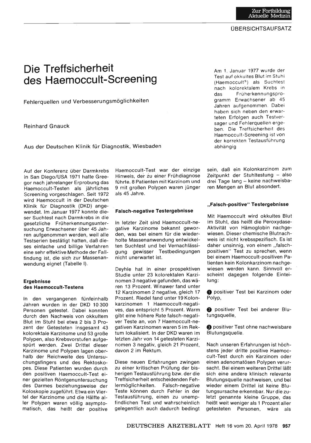 Vorschauseite 1: Die Treffsicherheit des Haemoccult-Screening