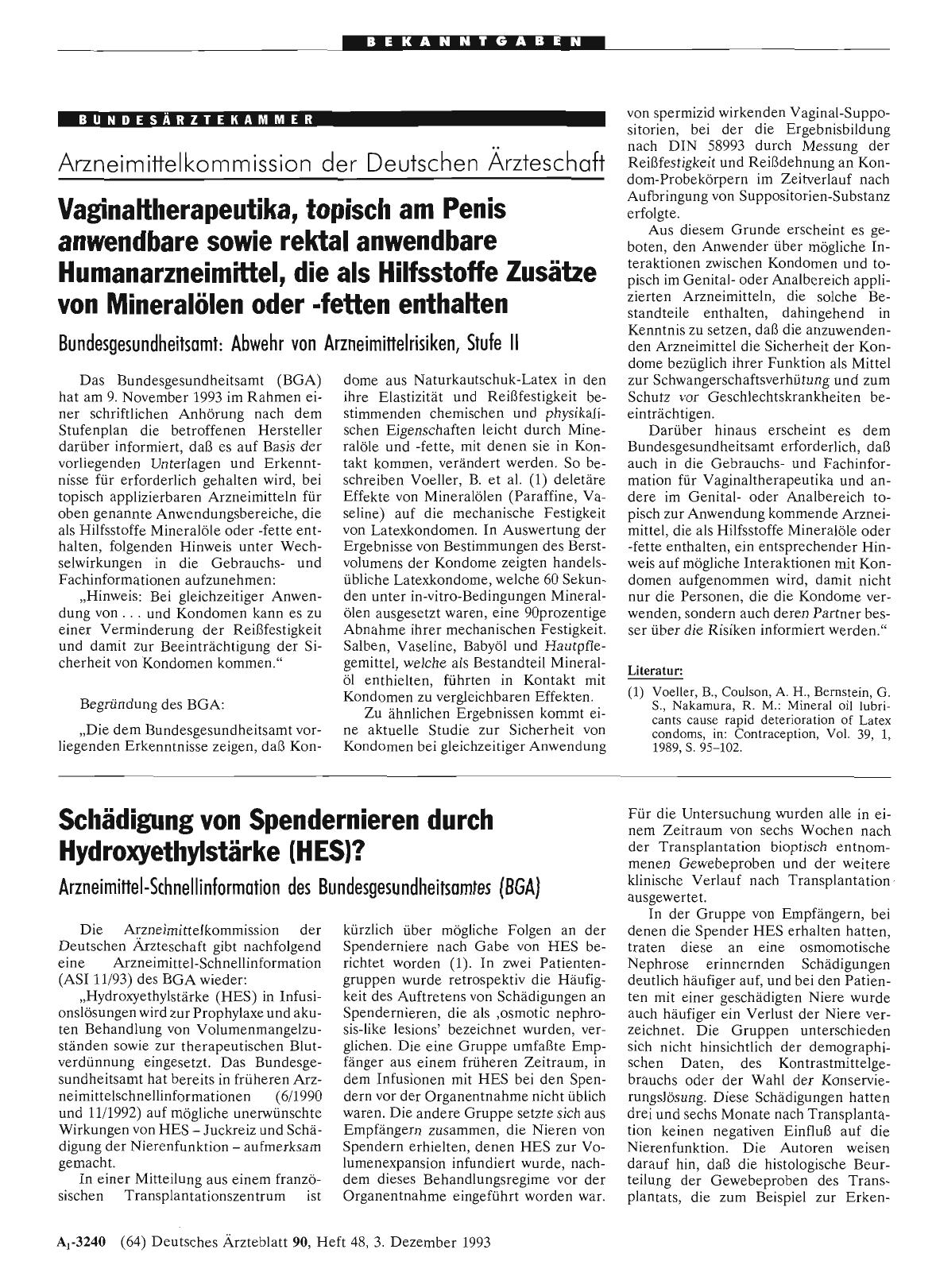 Vorschauseite 1: Schädigung von Spendernieren durch Hydroxyethylstärke (HES)? : Arzneimittel-Schnellinformation des Bundesgesundheitsamtes (BGA)