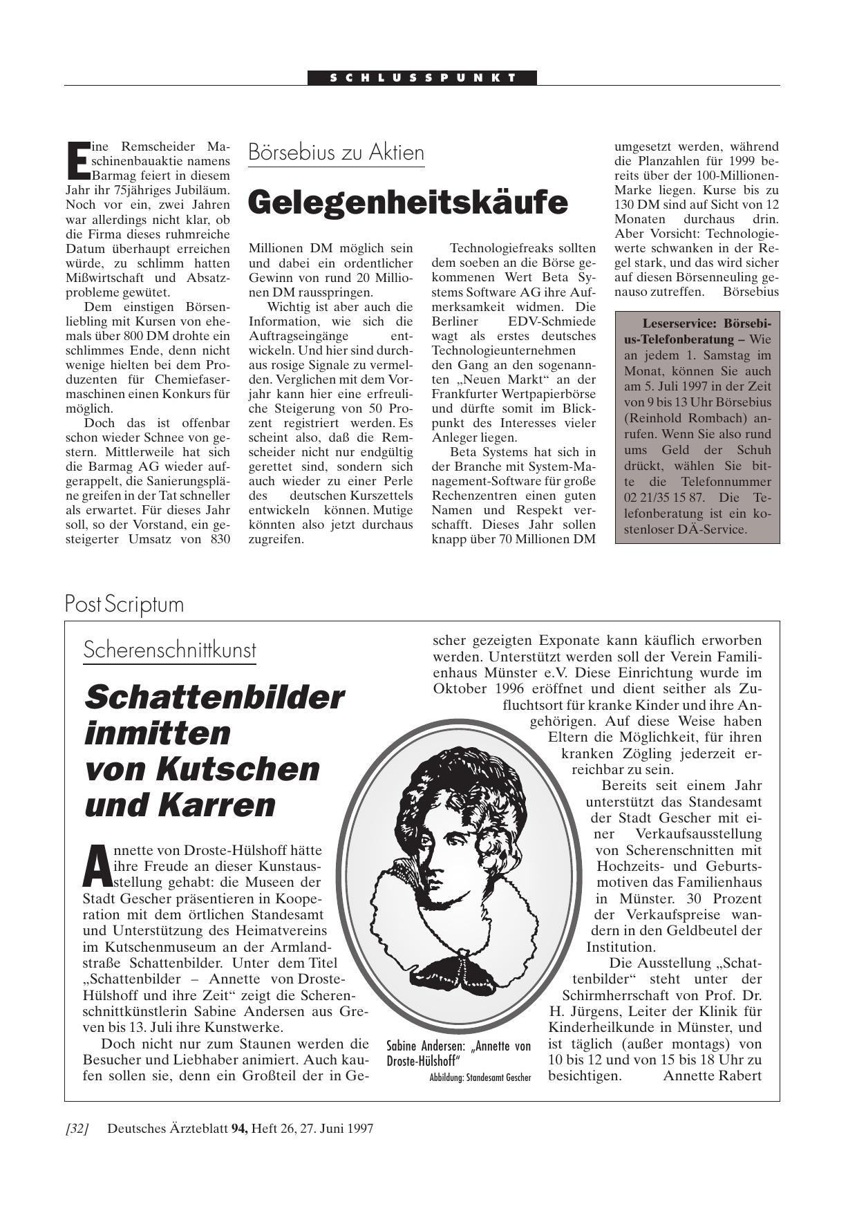 Vorschauseite 1: Leserservice: Börsebius-Telefonberatung