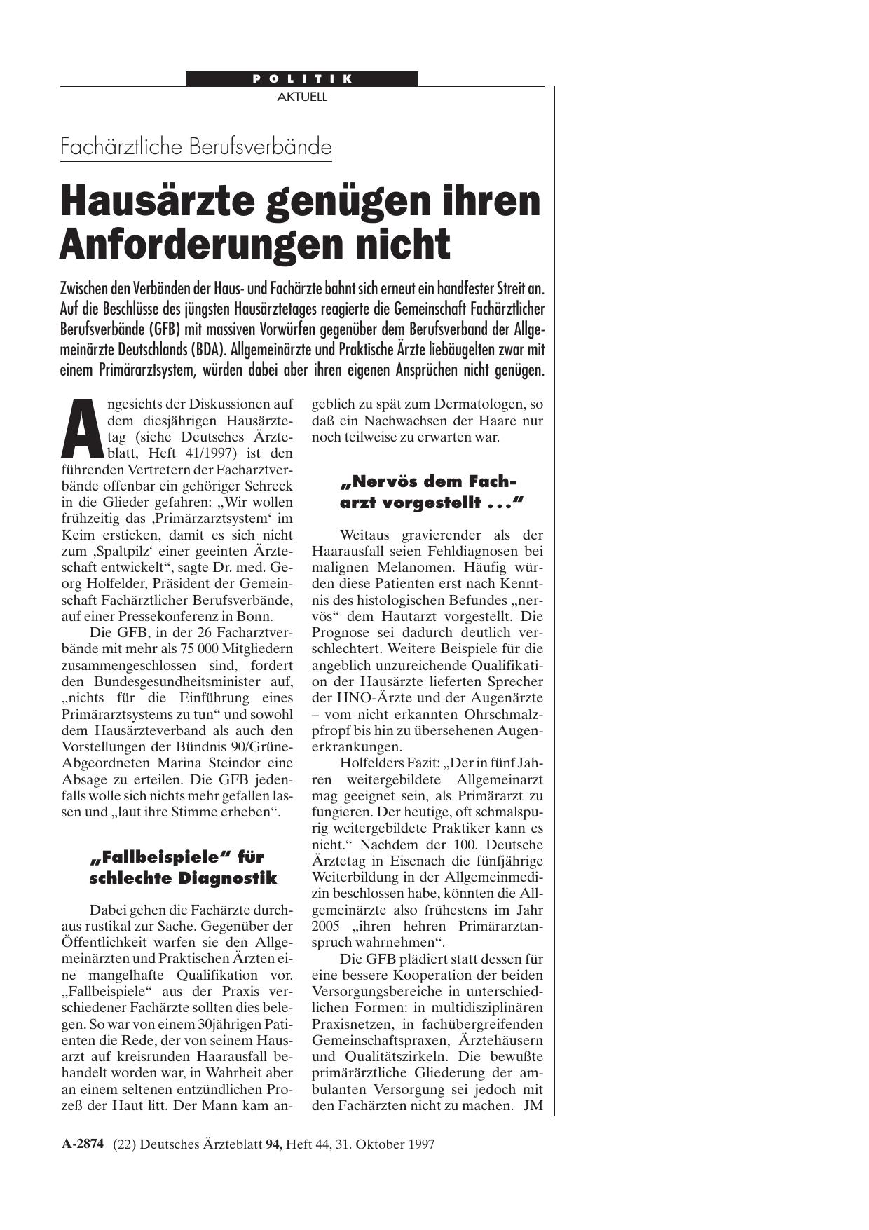 Vorschauseite 1: Fachärztliche Berufsverbände: Hausärzte genügen ihren Anforderungen nicht
