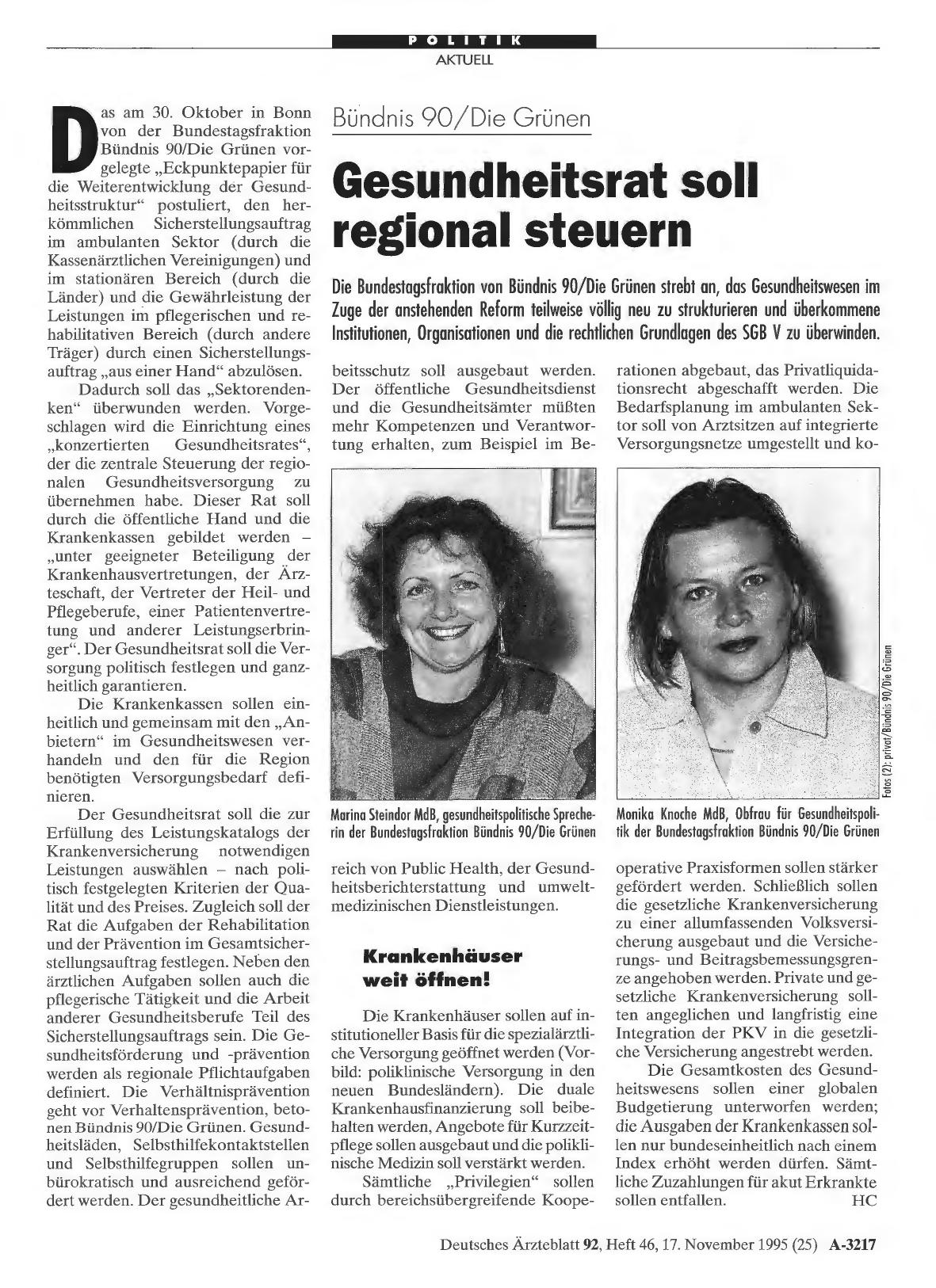 Vorschauseite 1: Bündnis 90/Die Grünen: Gesundheitsrat soll regional steuern