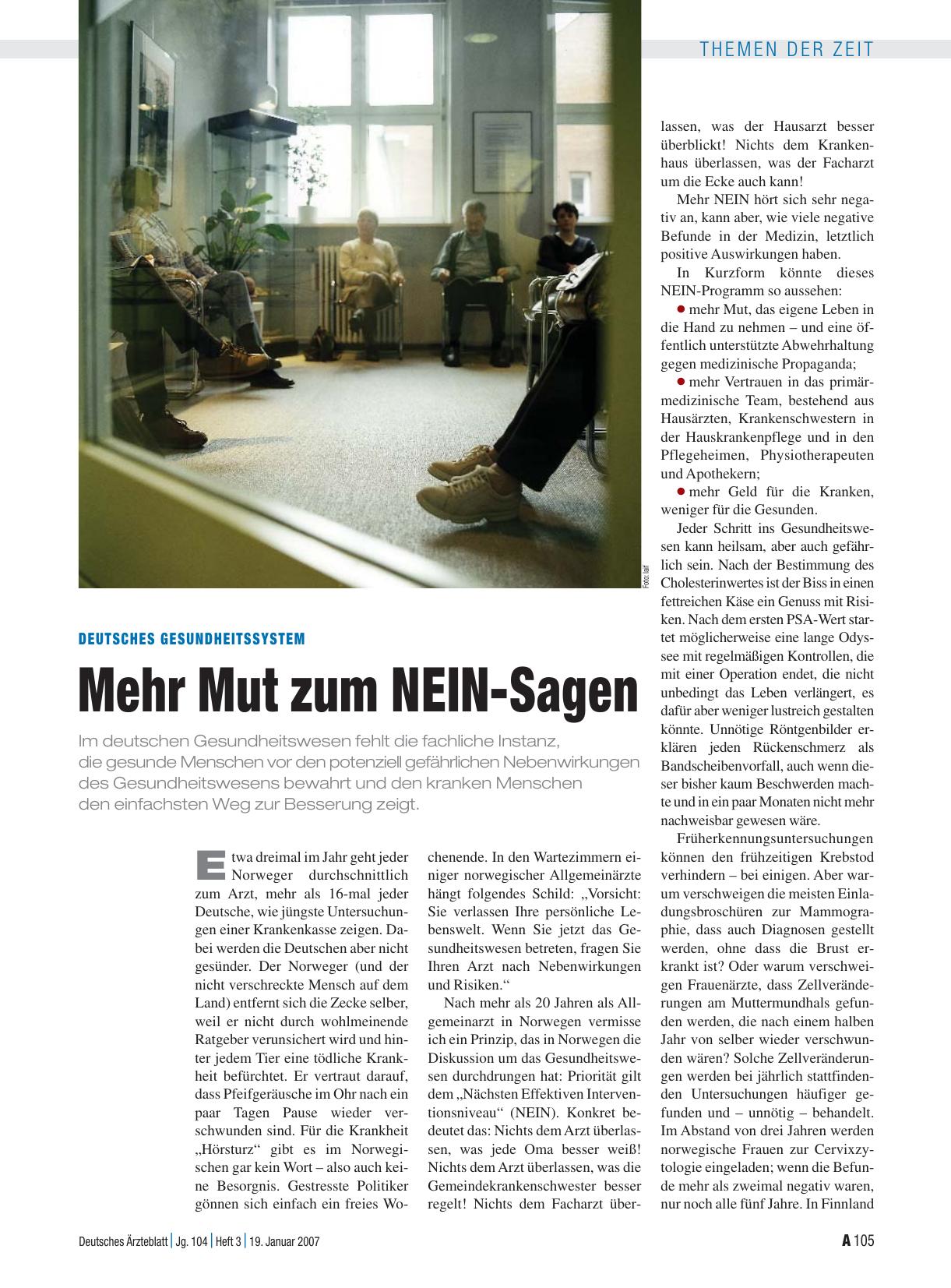 Vorschauseite 1: Deutsches Gesundheitssystem: Mehr Mut zum NEIN-Sagen