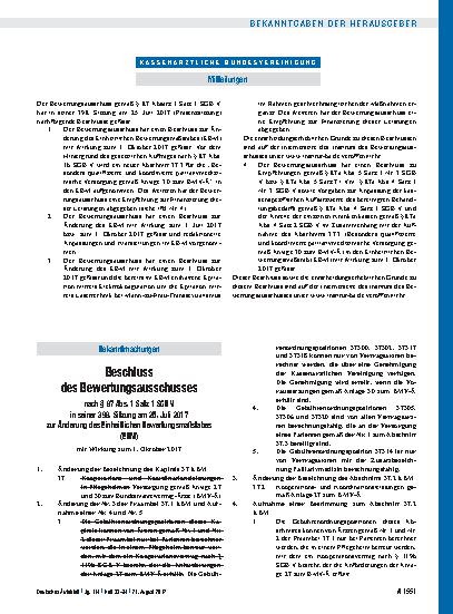 Vorschauseite 1: Beschluss des Bewertungsausschusses nach § 87 Abs. 1 Satz 1 SGB V in seiner 398. Sitzung am 25. Juli 2017 zur Änderung des Einheitlichen Bewertungsmaßstabes (EBM)