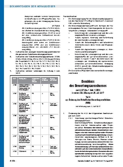 Vorschauseite 4: Beschluss des Bewertungsausschusses nach § 87 Abs. 1 Satz 1 SGB V in seiner 398. Sitzung am 25. Juli 2017 zur Änderung des Einheitlichen Bewertungsmaßstabes (EBM)
