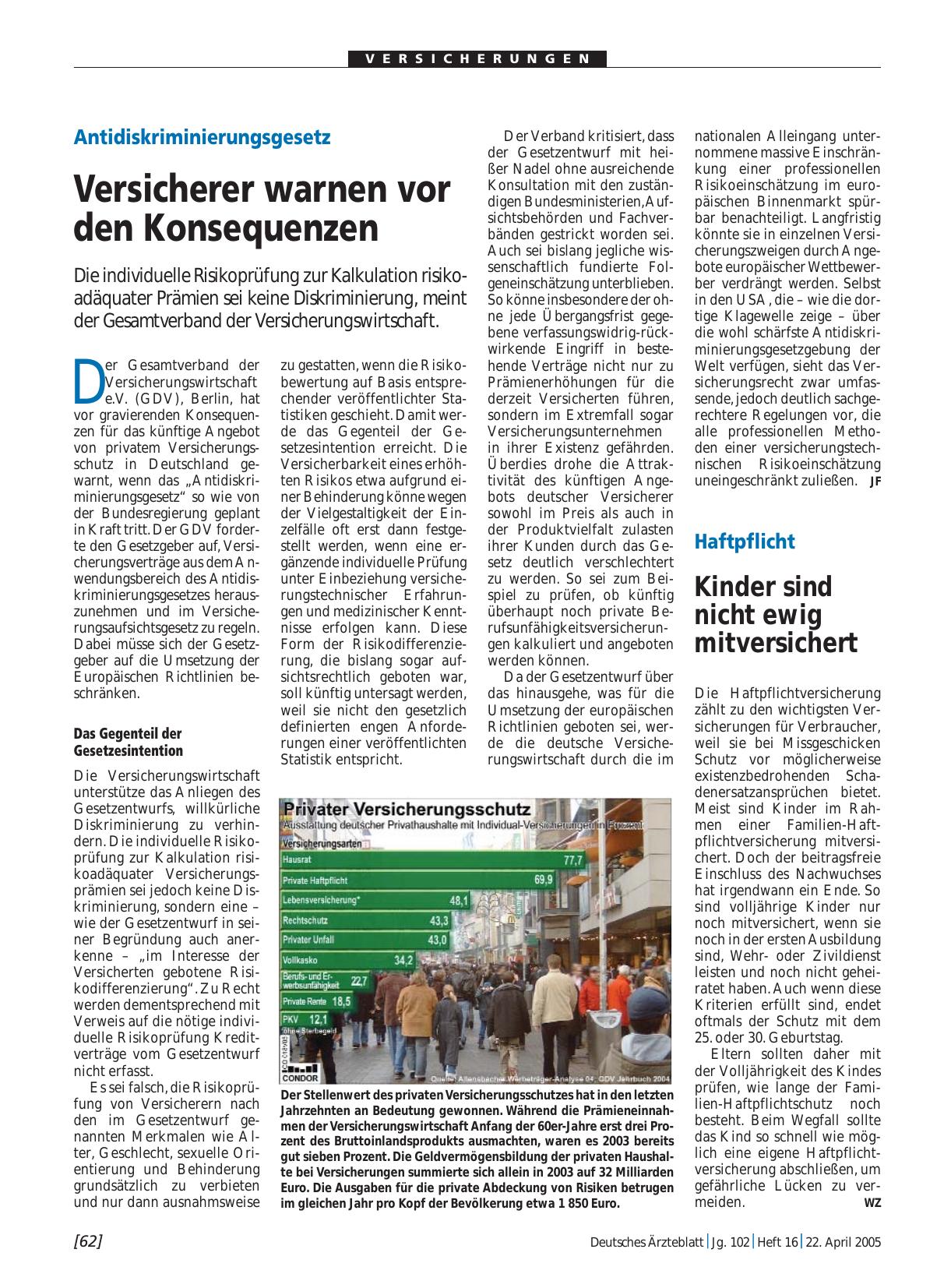 Vorschauseite 1: Antidiskriminierungsgesetz: Versicherer warnen vor den Konsequenzen