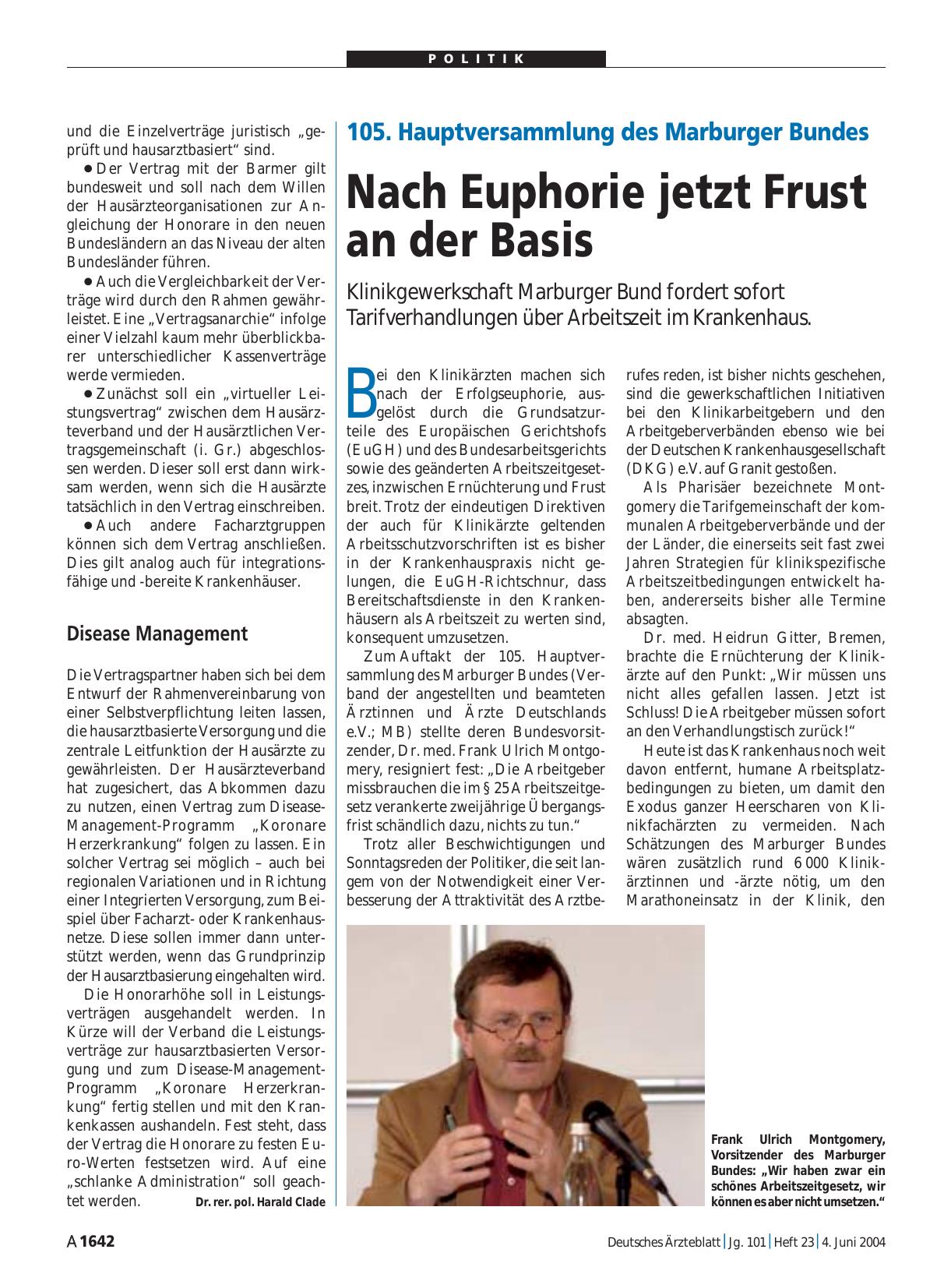 Vorschauseite 1: 105. Hauptversammlung des Marburger Bundes: Nach Euphorie jetzt Frust an der Basis