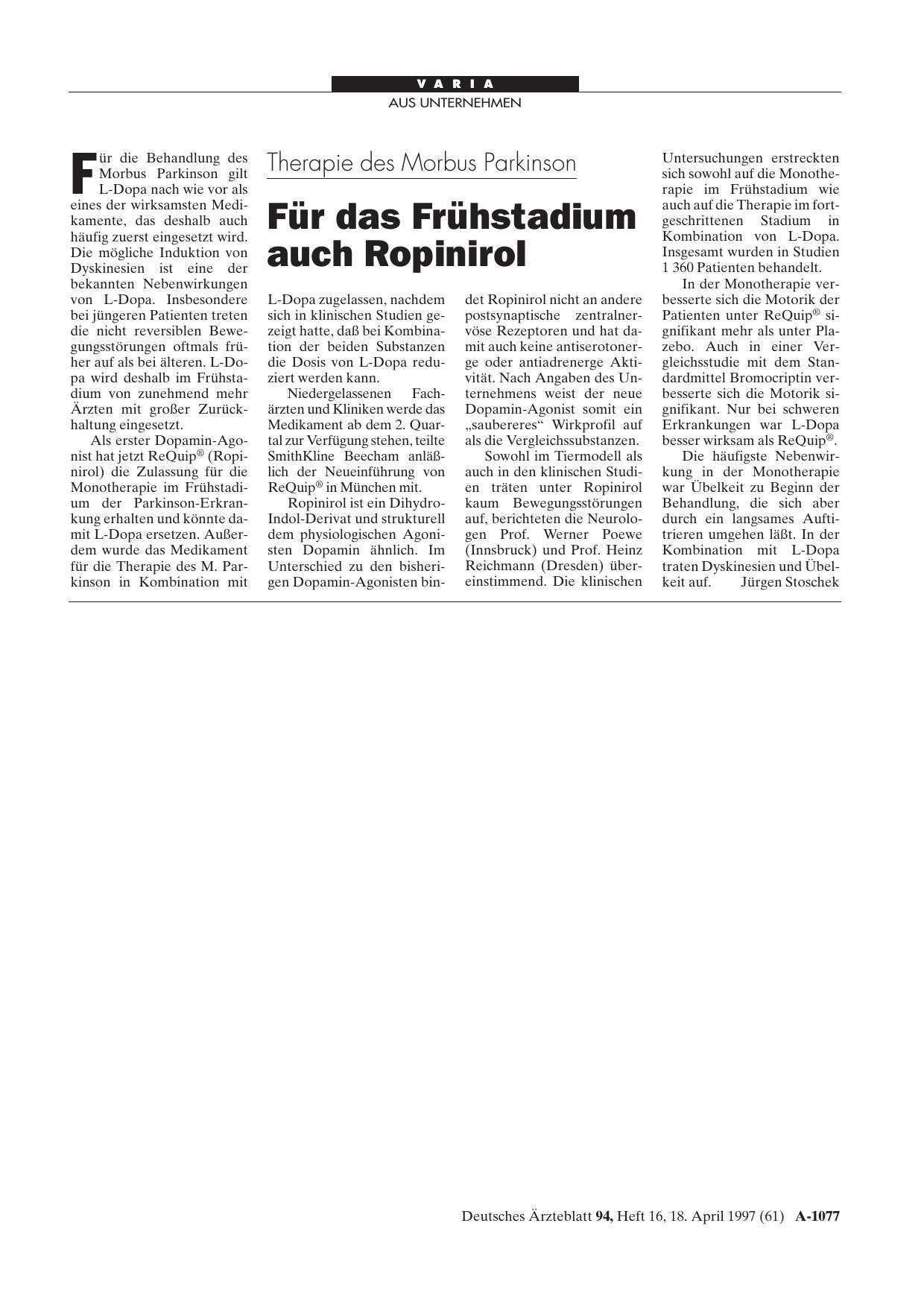 Vorschauseite 1: Therapie des Morbus Parkinson: Für das Frühstadium auch Ropinirol