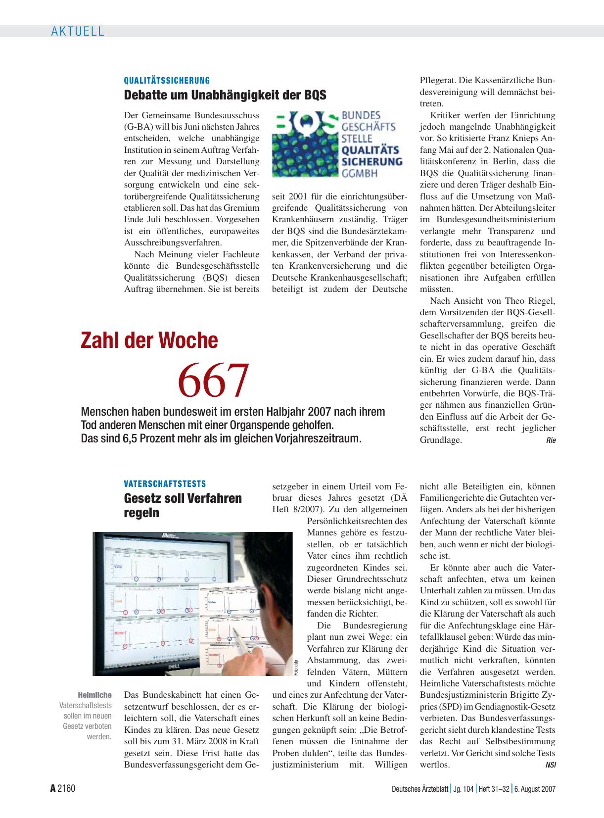 Vorschauseite 1: Qualitätssicherung: Debatte um Unabhängigkeit der BQS