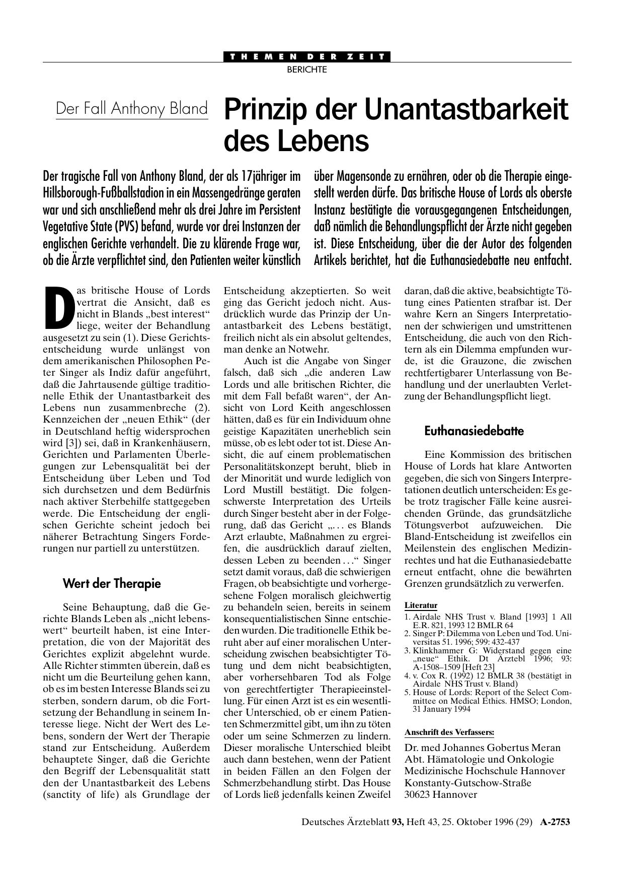 Vorschauseite 1: Der Fall Anthony Bland: Prinzip der Unantastbarkeit des Lebens