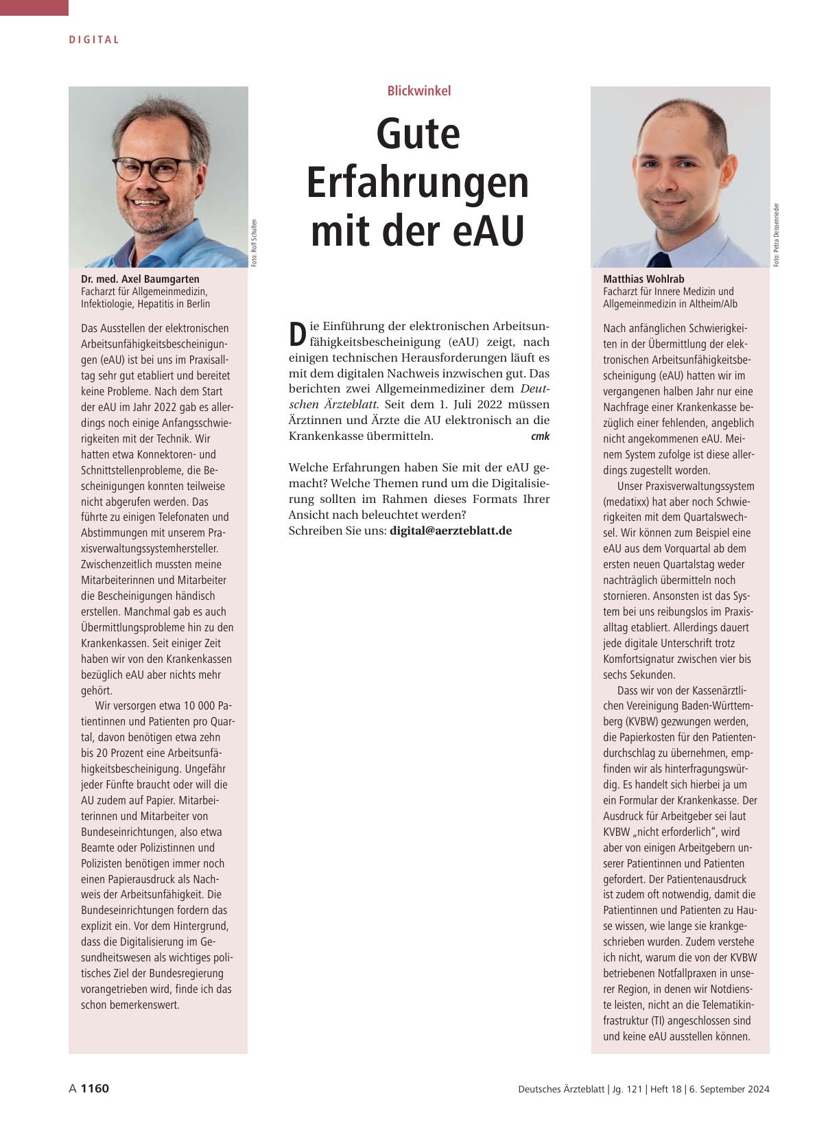 Vorschauseite 1: Blickwinkel: Gute Erfahrungen mit der eAU