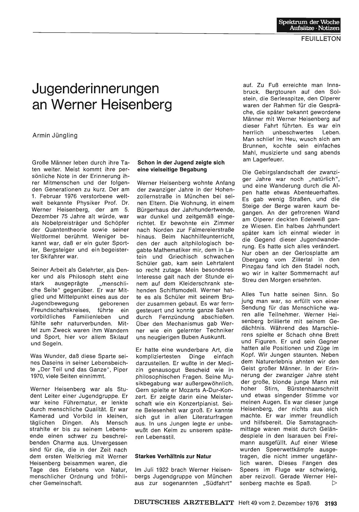 Vorschauseite 1: Jugenderinnerungen an Werner Heisenberg
