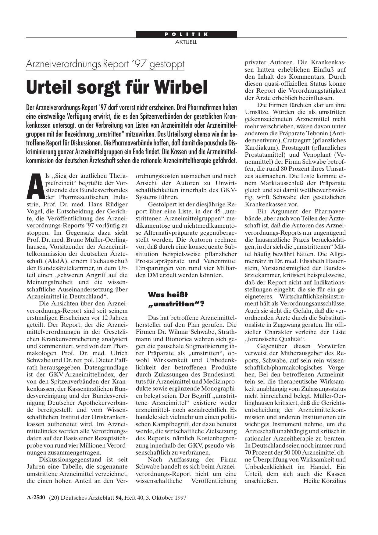 Vorschauseite 1: Arzneiverordnungs-Report ´97 gestoppt: Urteil sorgt für Wirbel