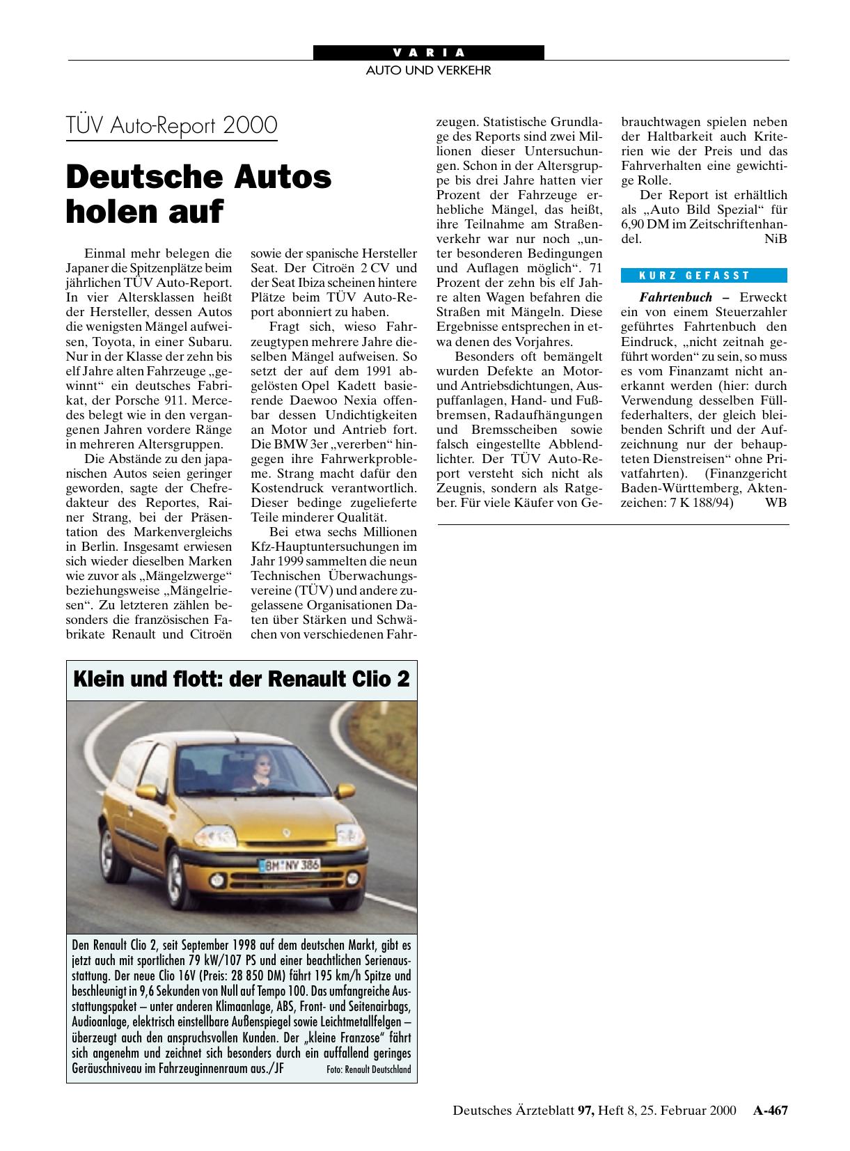 Vorschauseite 1: TÜV Auto-Report 2000: Deutsche Autos holen auf