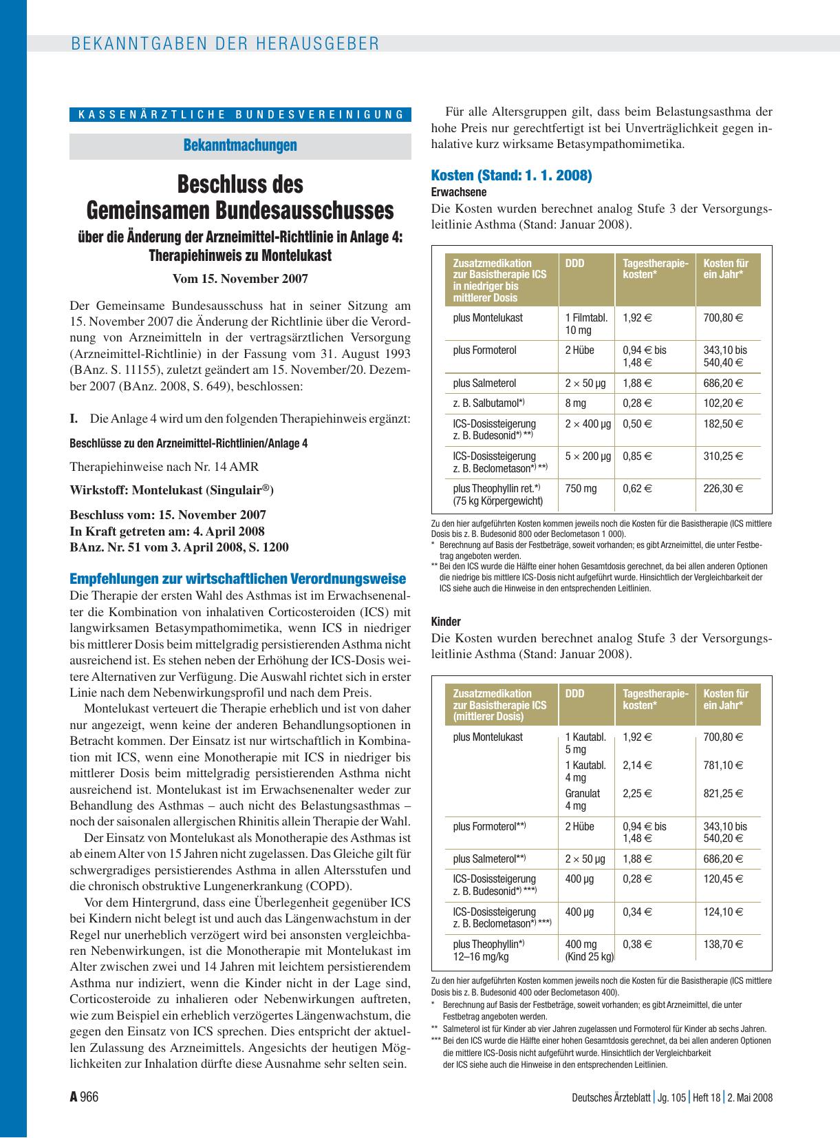 Vorschauseite 1: Bekanntmachungen: Beschluss des Gemeinsamen Bundesausschusses über die Änderung der Arzneimittel-Richtlinie in Anlage 4: Therapiehinweis zu Montelukast vom 15. November 2007