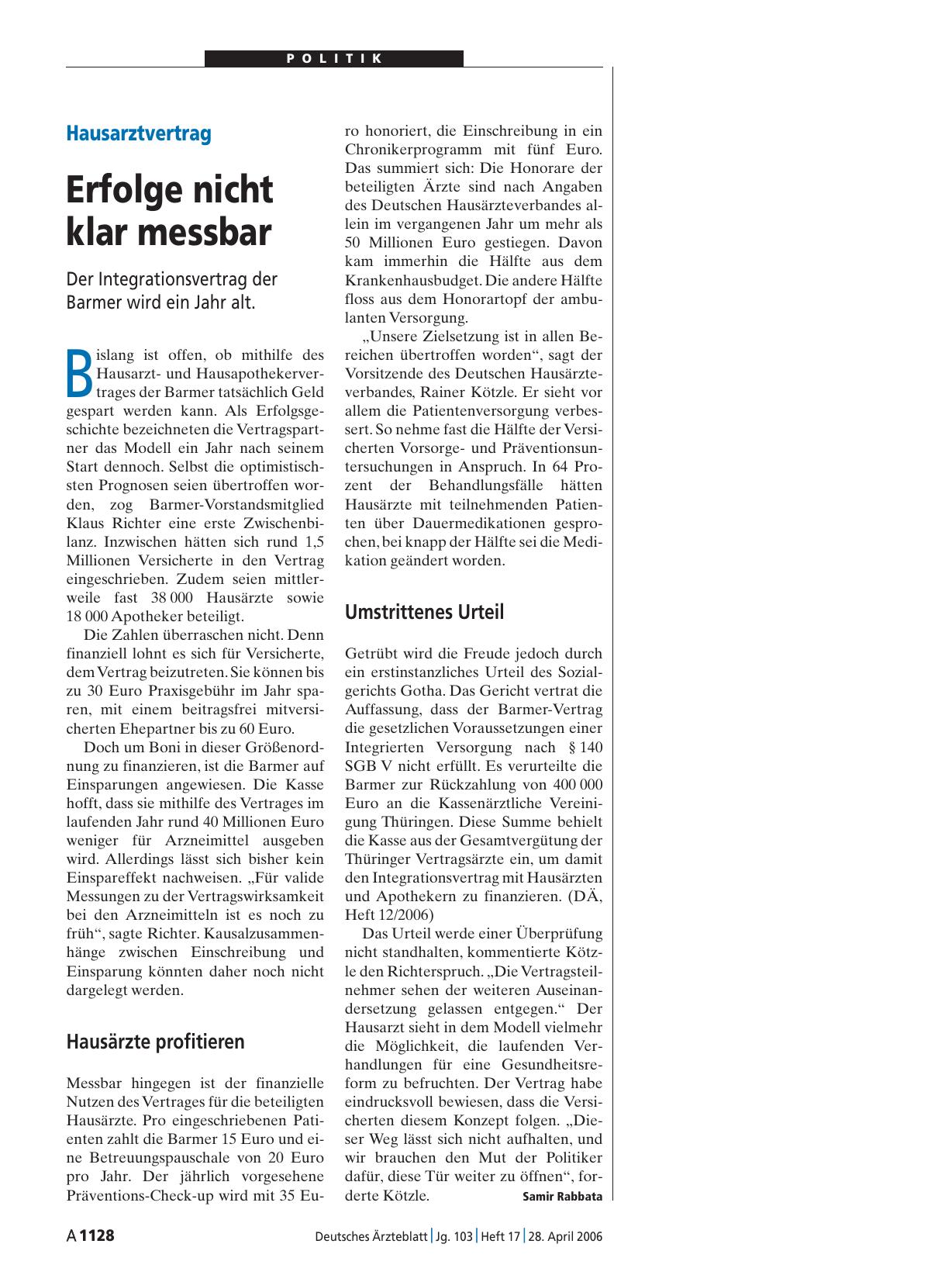 Vorschauseite 1: Hausarztvertrag: Erfolge nicht klar messbar