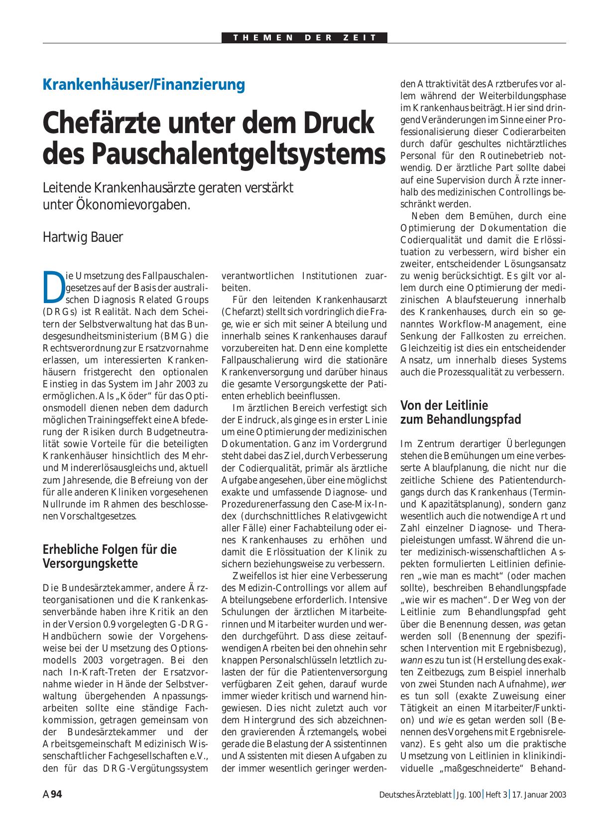 Vorschauseite 1: Krankenhäuser/Finanzierung: Chefärzte unter dem Druck des Pauschalentgeltsystems