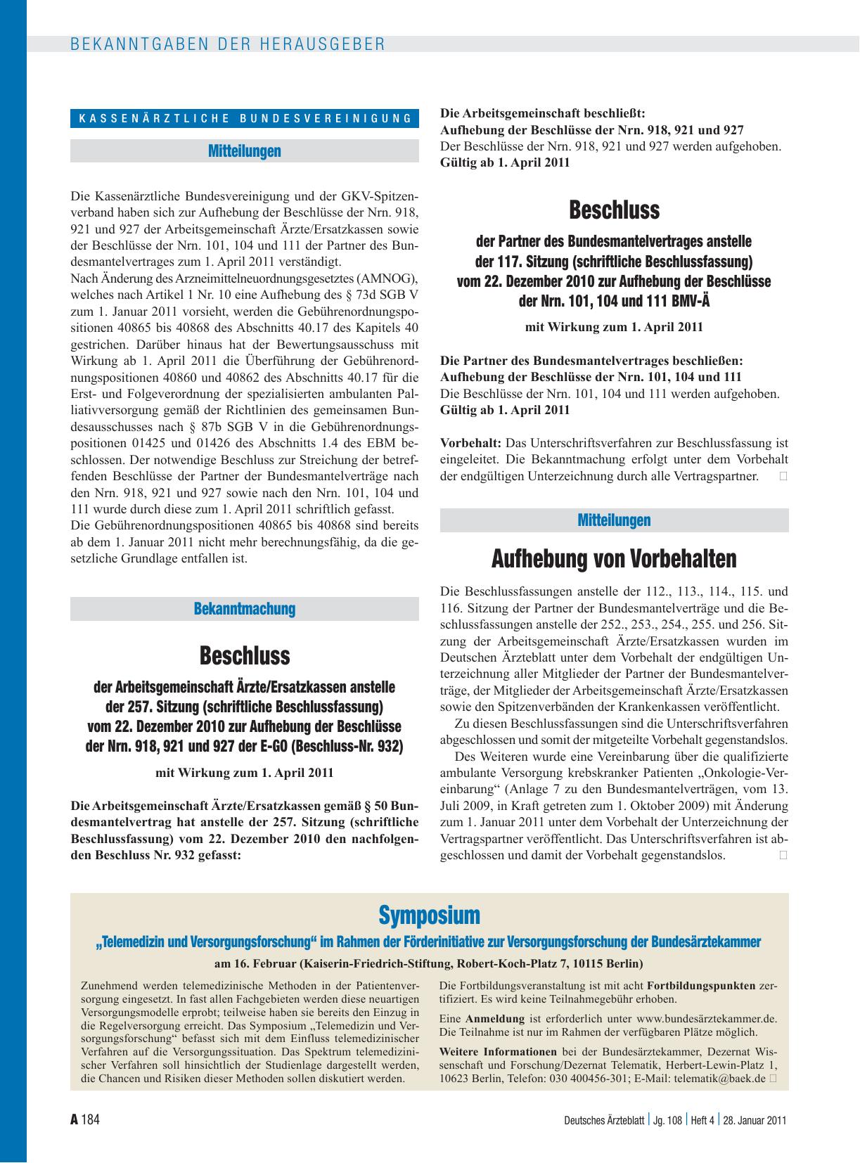 Vorschauseite 1: Beschluss der Arbeitsgemeinschaft Ärzte/Ersatzkassen anstelle der 257. Sitzung (schriftliche Beschlussfassung) vom 22. Dezember 2010 zur Aufhebung der Beschlüsse der Nrn. 918, 921…