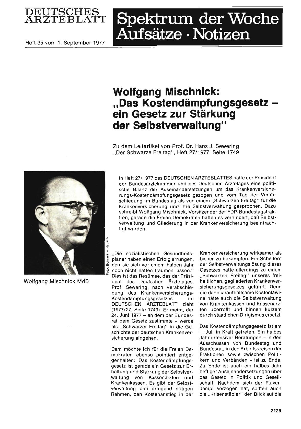 Vorschauseite 1: Wolfgang Mischnick: „Das Kostendämpfungsgesetz ein Gesetz zur Stärkung der Selbstverwaltung“