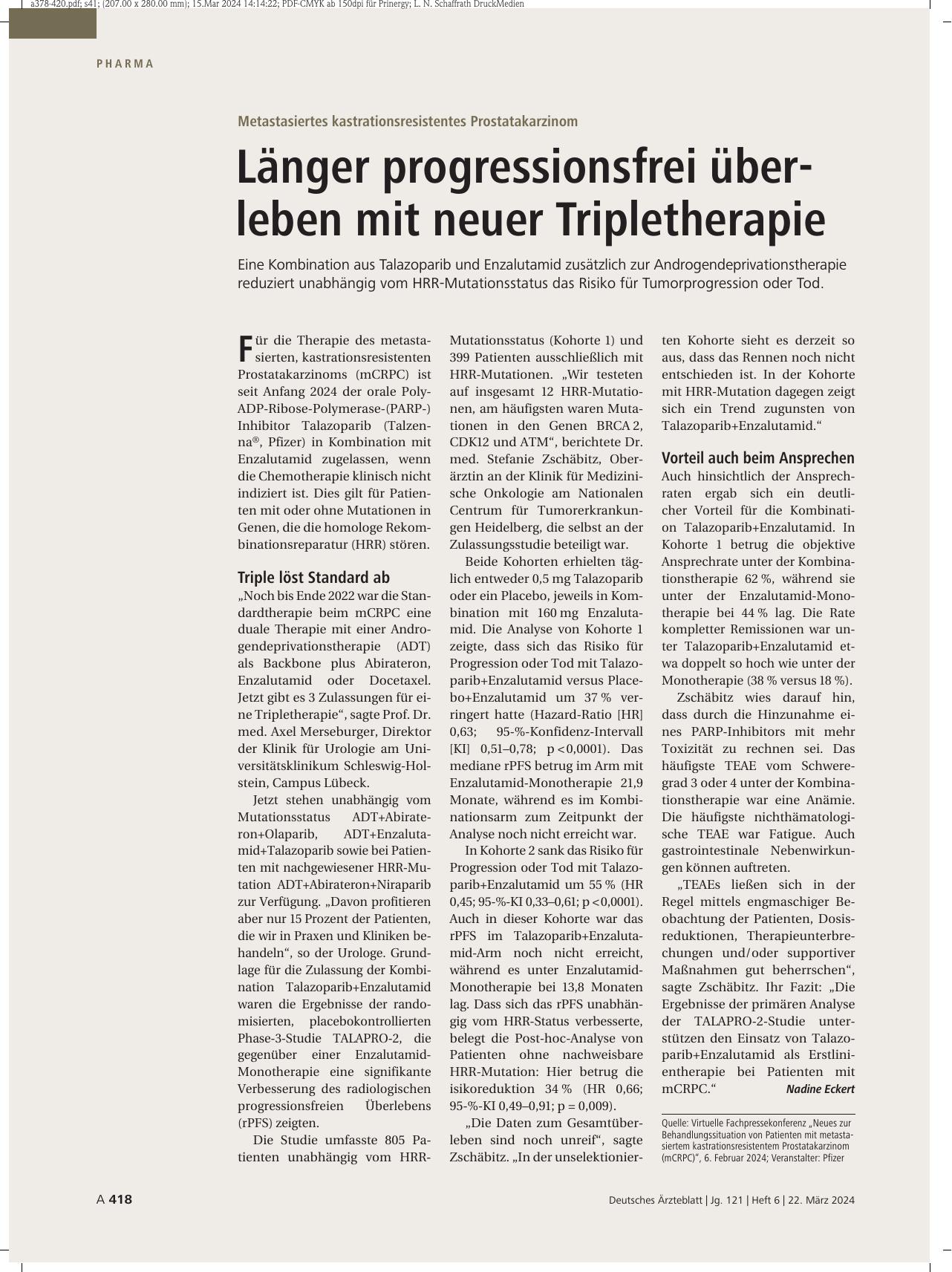 Vorschauseite 1: Metastasiertes kastrationsresistentes Prostatakarzinom: Länger progressionsfrei überleben mit neuer Tripletherapie