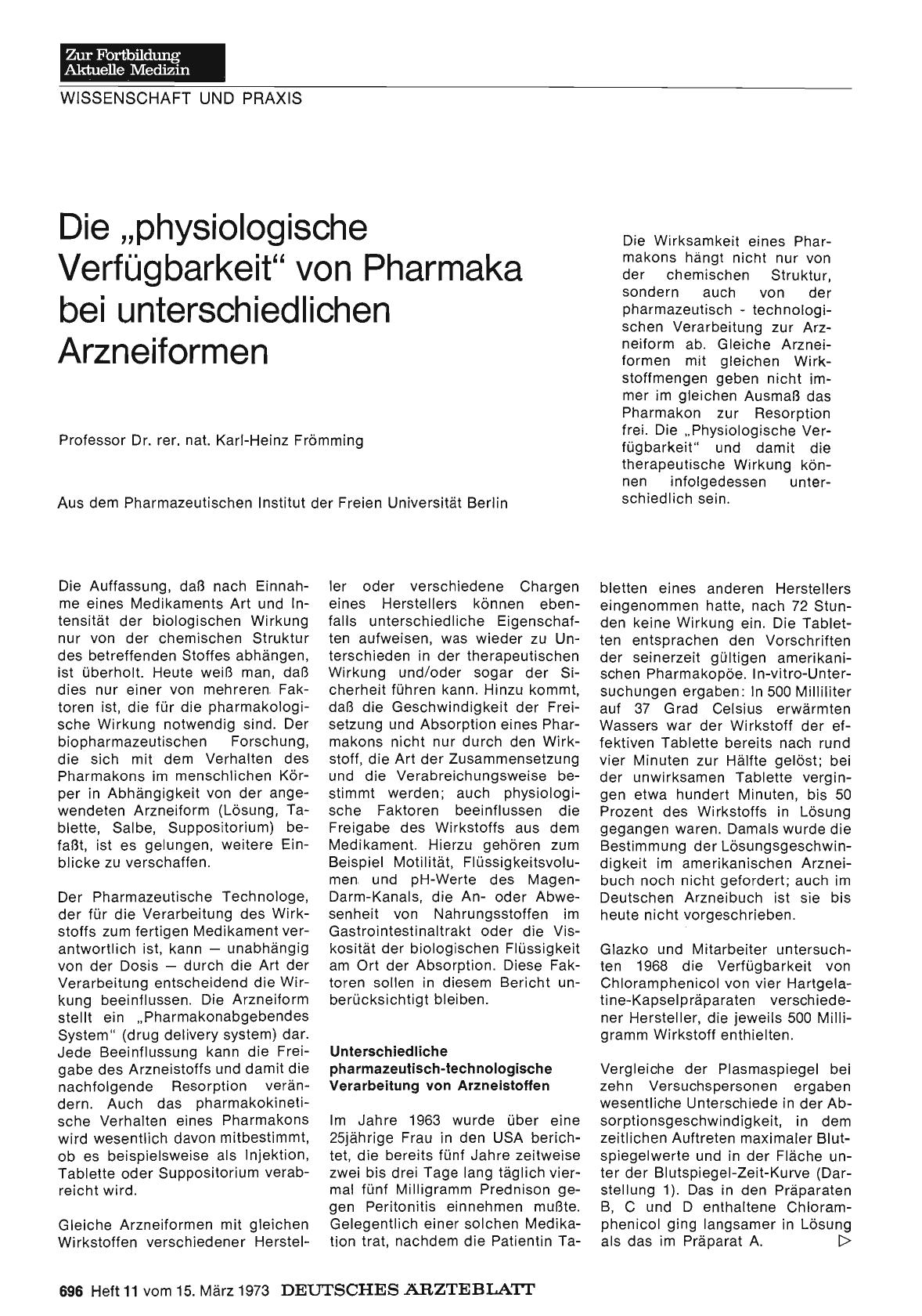 Vorschauseite 1: Die „physiologische Verfügbarkeit" von Pharmaka bei unterschiedlichen Arzneiformen