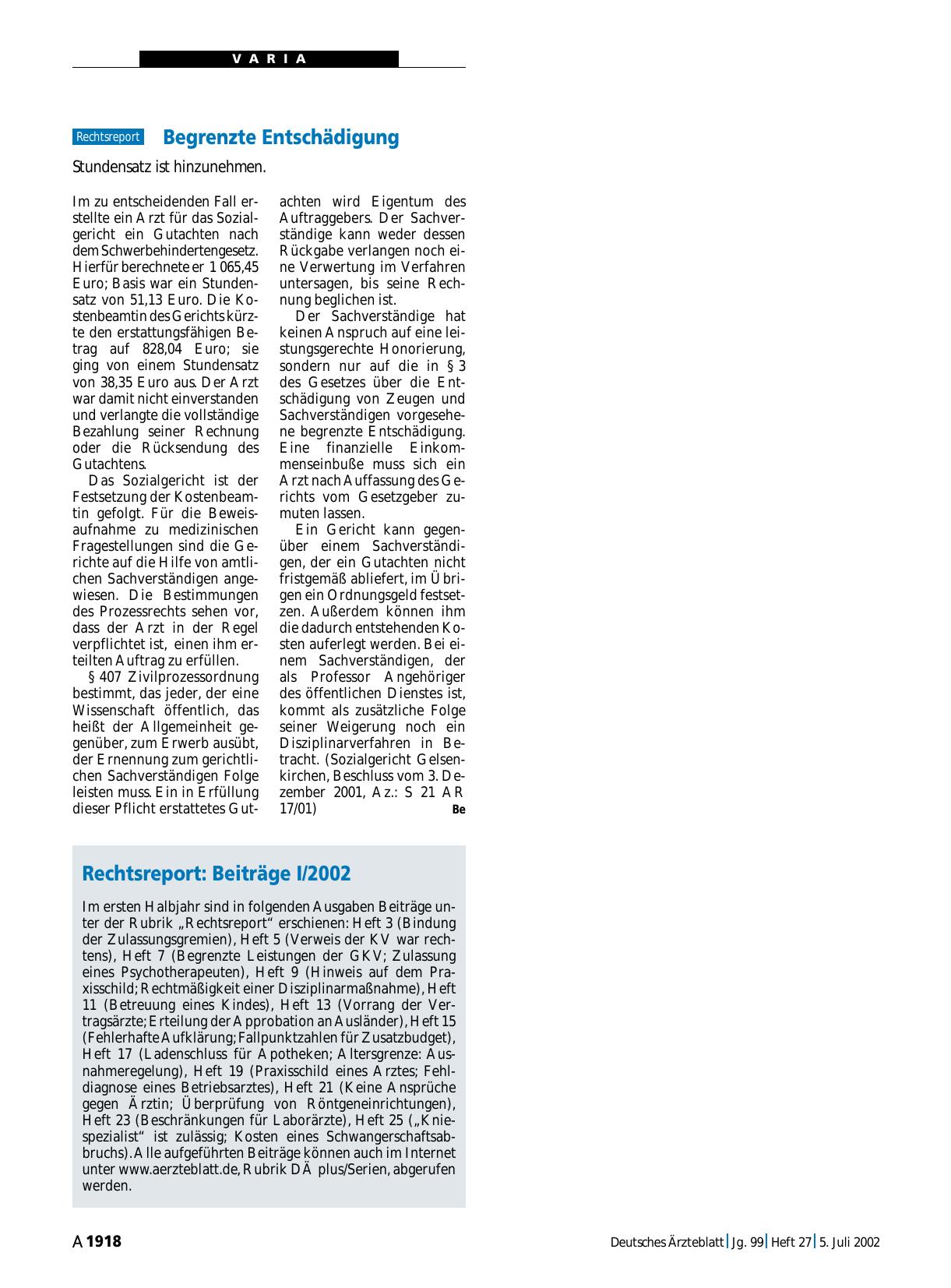 Vorschauseite 1: Rechtsreport: Beiträge I/2002