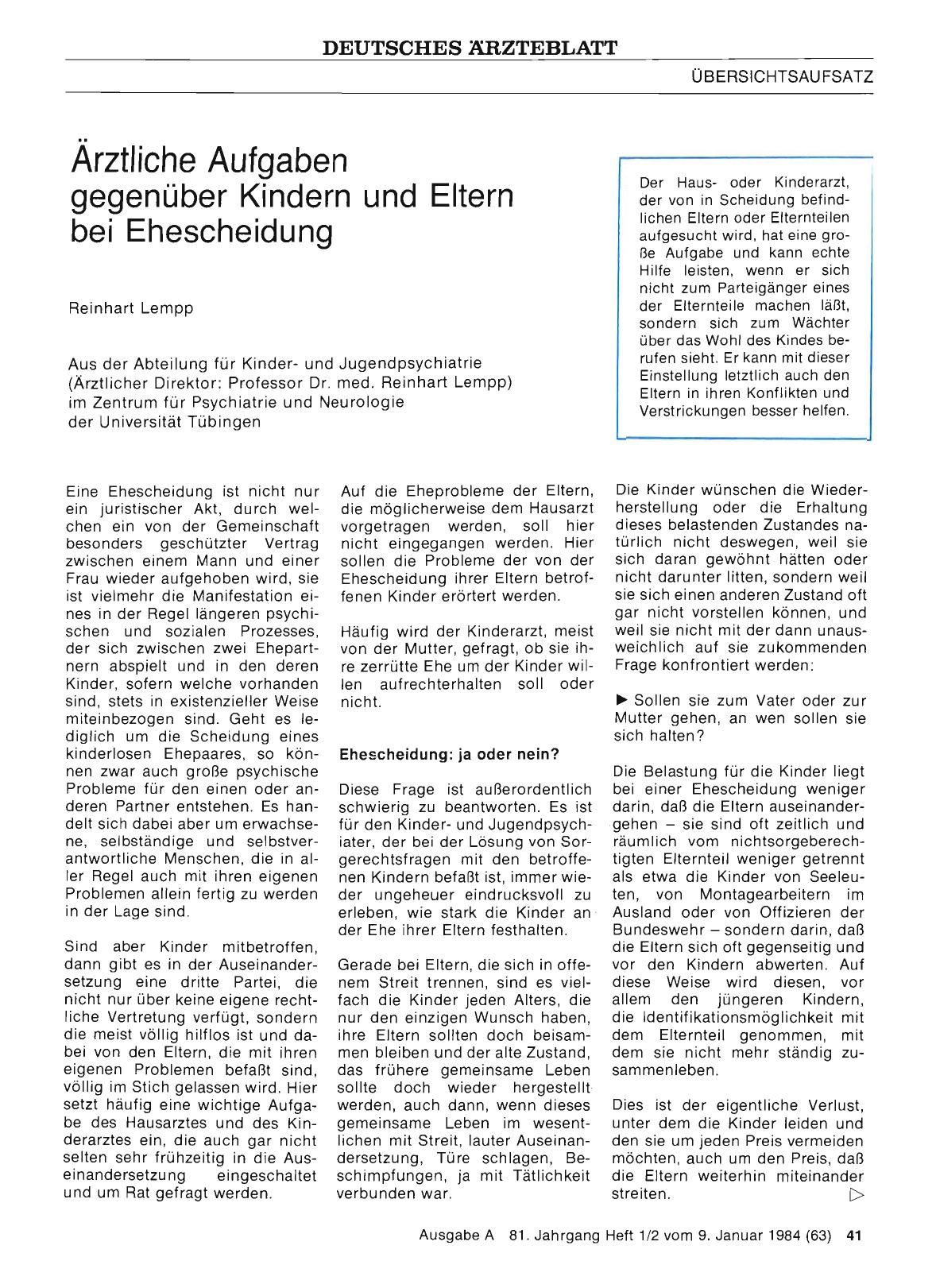 Vorschauseite 1: Arztliehe Aufgaben gegenüber Kindern und Eltern bei Ehescheidung