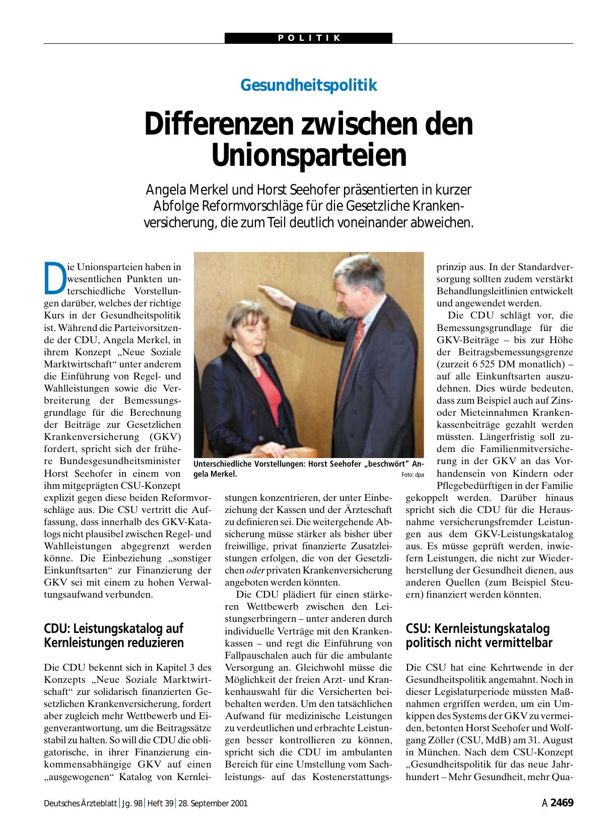 Vorschauseite 1: Gesundheitspolitik: Differenzen zwischen den Unionsparteien