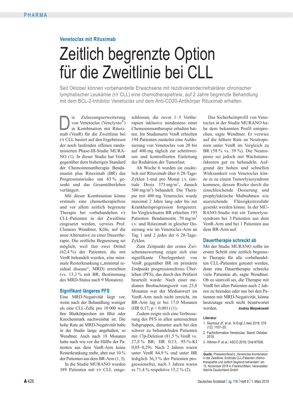Vorschauseite 1: Venetoclax mit Rituximab: Zeitlich begrenzte Option für die Zweitlinie bei CLL