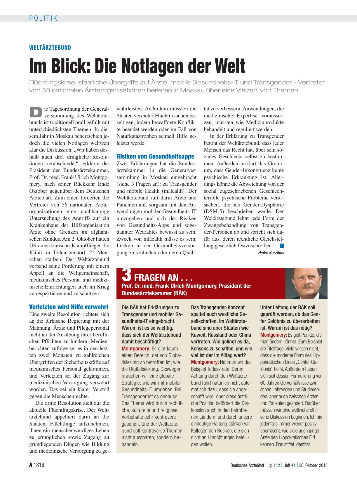 Vorschauseite 1: Weltärztebund: Im Blick – Die Notlagen der Welt