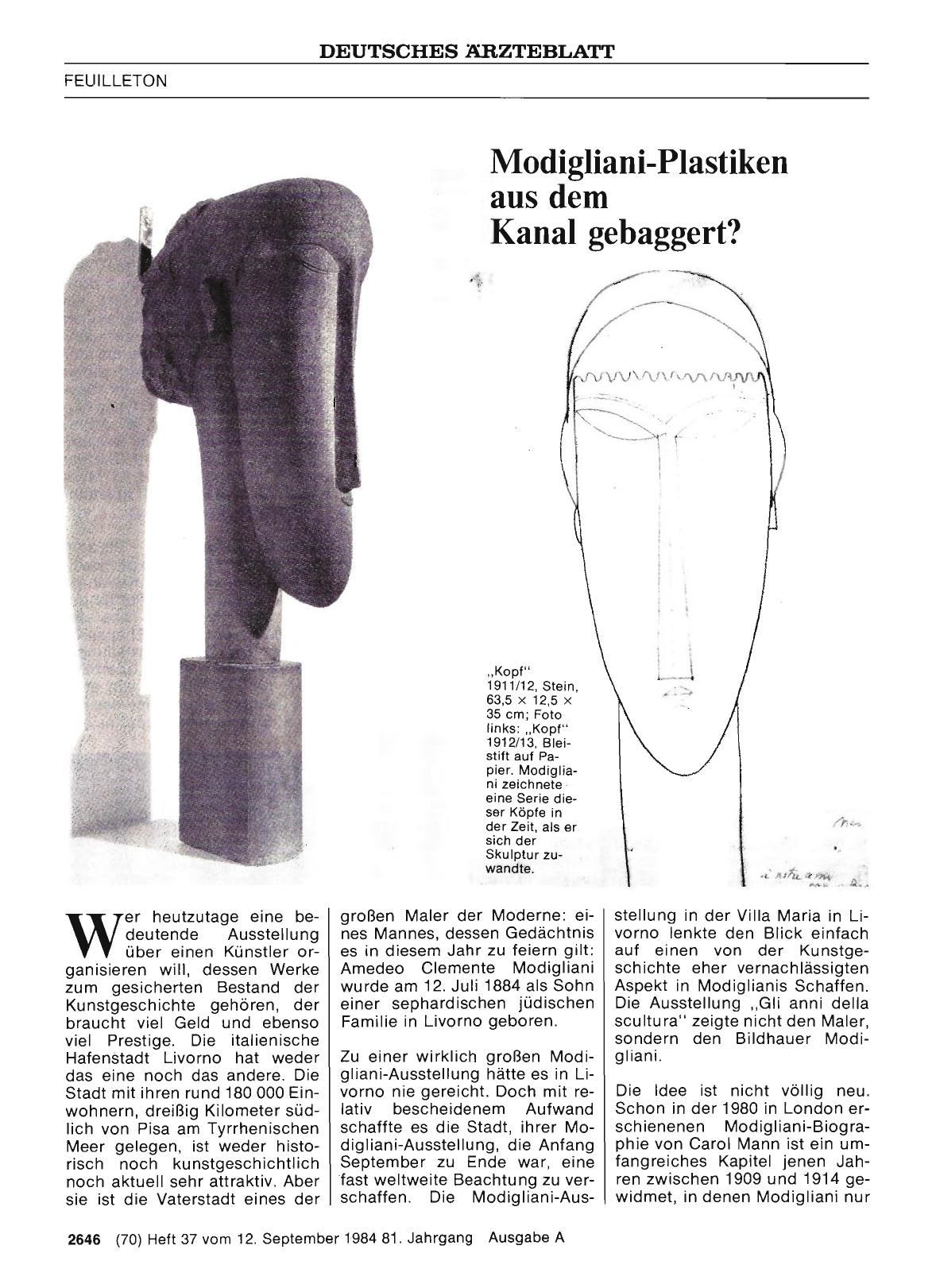 Vorschauseite 1: Modigliani-Plastiken aus dem Kanal gebaggert?