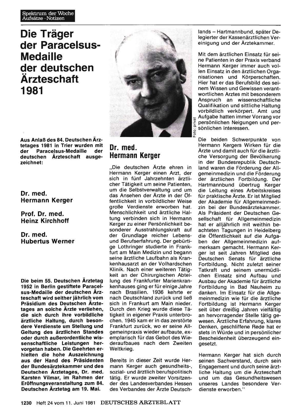 Vorschauseite 1: Die Träger der Paracelsus-Medaille der deutschen Ärzteschaft 1981