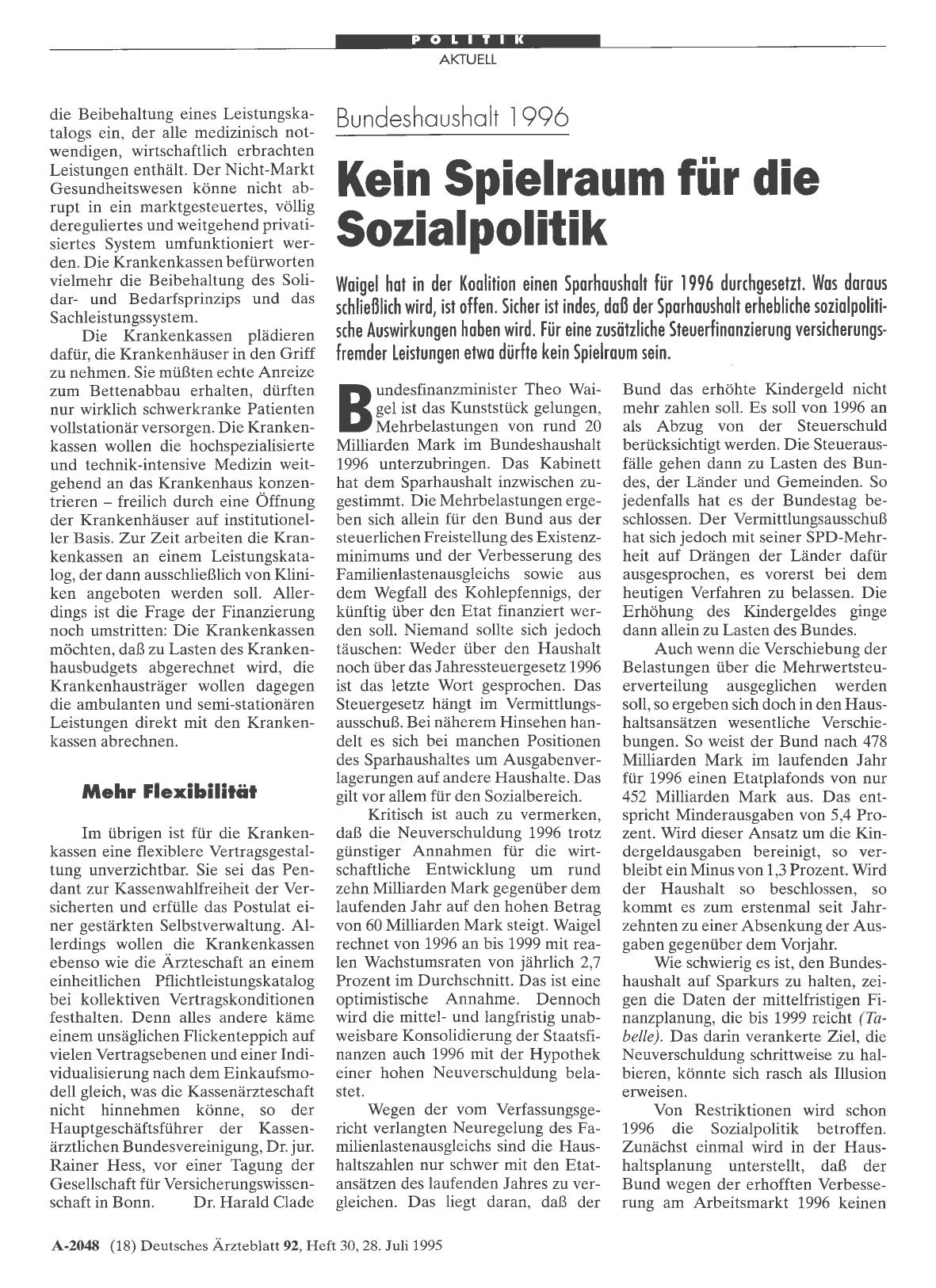 Vorschauseite 1: Bundeshaushalt 1996: Kein Spielraum für die Sozialpolitik