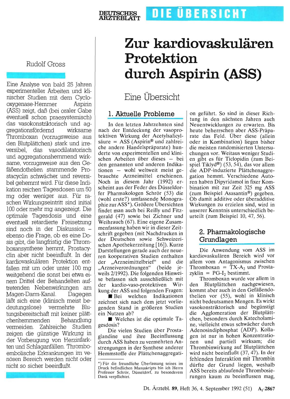 Vorschauseite 1: Zur kardiovaskulären Protektion durch Aspirin (ASS)