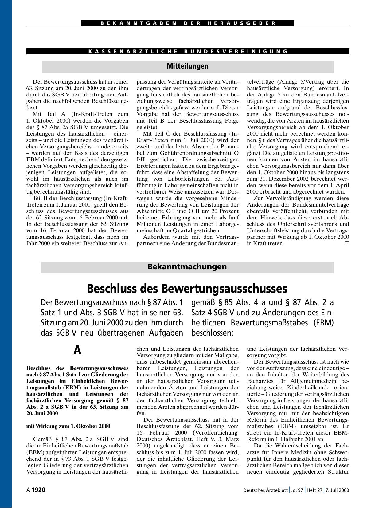 Vorschauseite 1: Beschluss des Bewertungsausschusses
