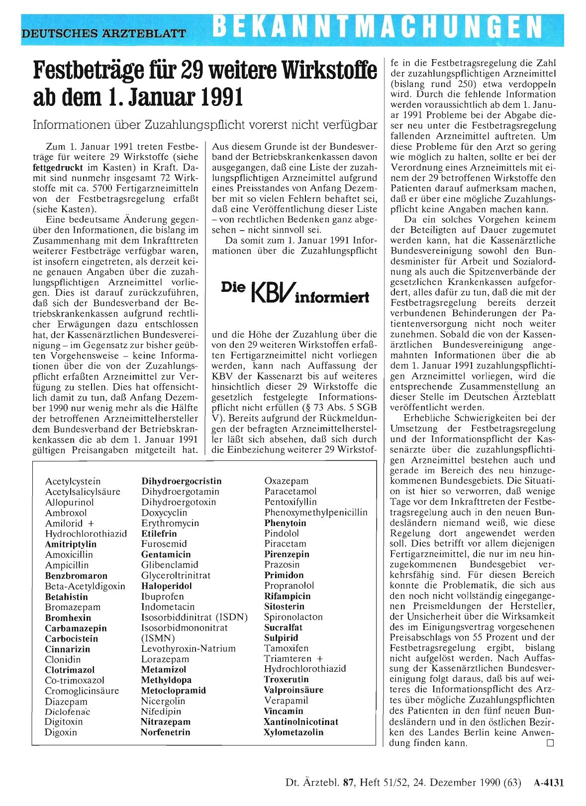 Vorschauseite 1: Festbeträge für 29 weitere Wirkstoffe ab dem 1. Januar 1991