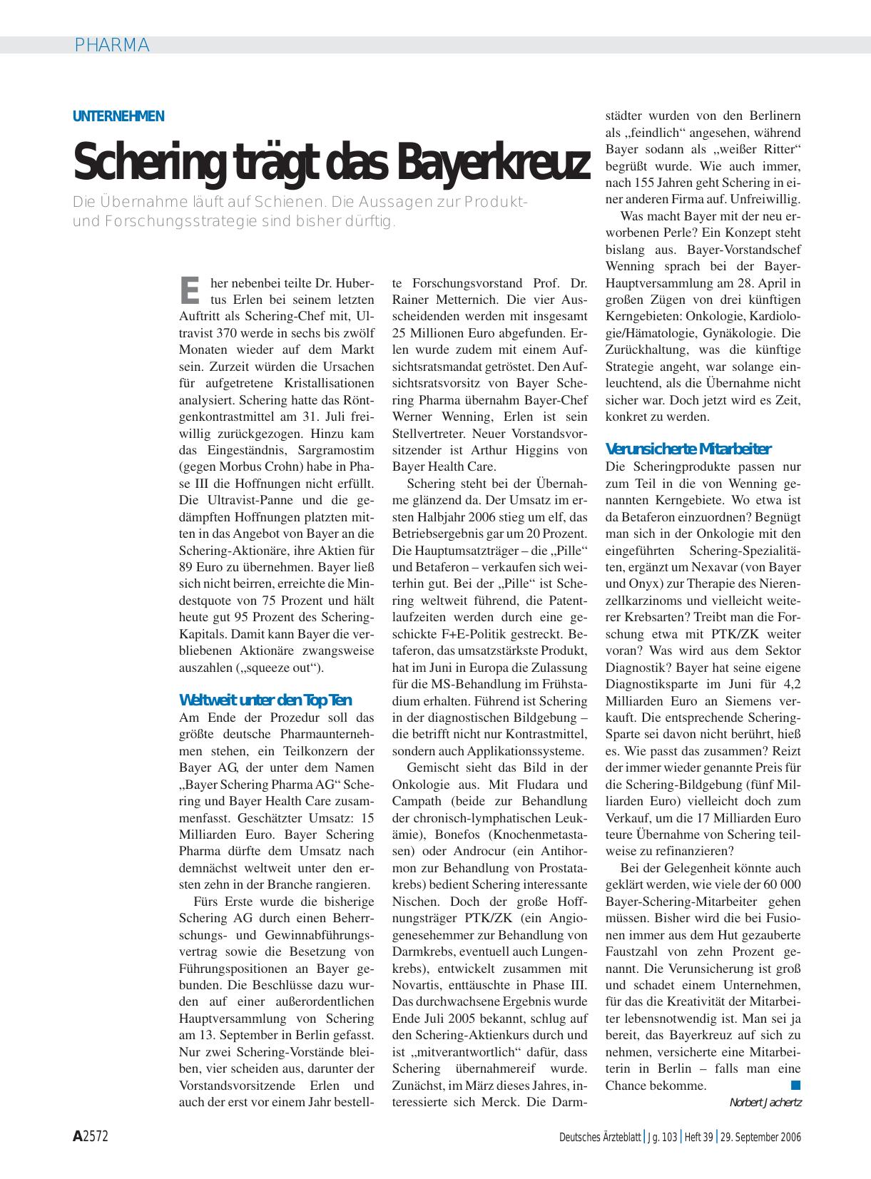 Vorschauseite 1: Unternehmen: Schering trägt das Bayerkreuz