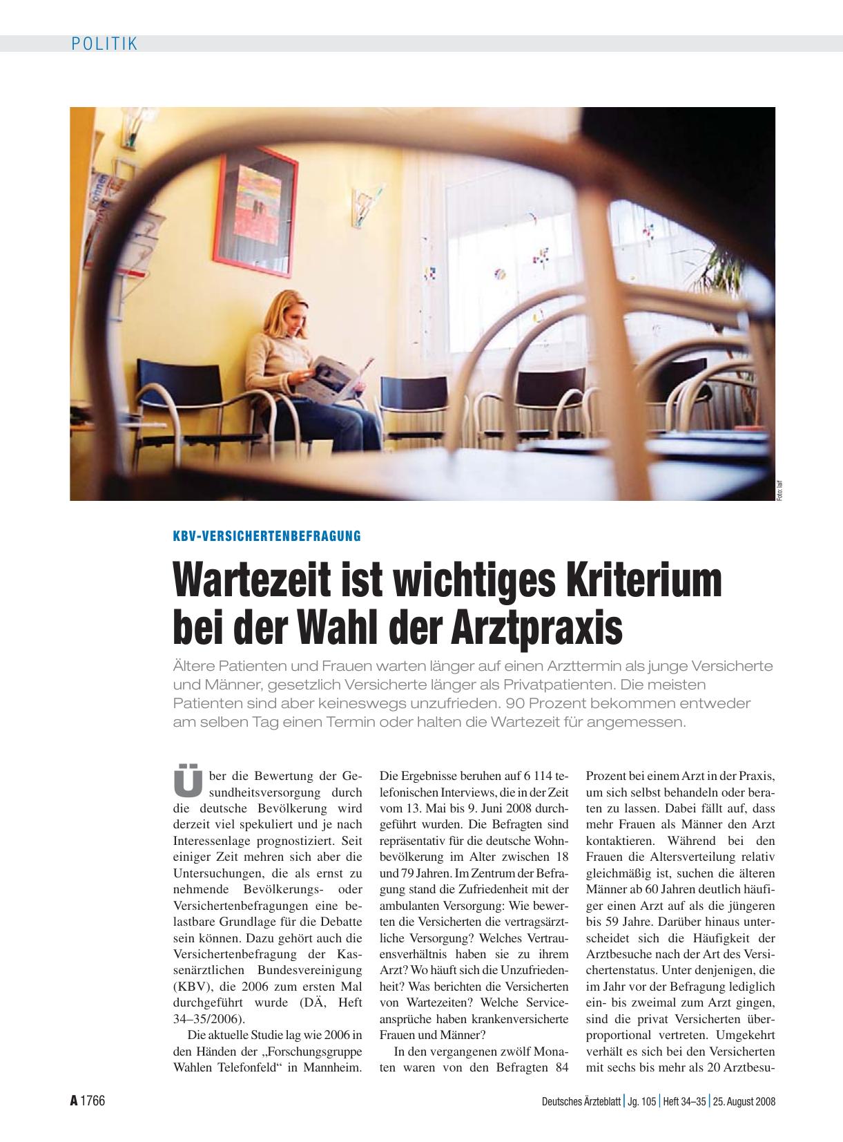 Vorschauseite 1: KBV-Versichertenbefragung: Wartezeit ist wichtiges Kriterium bei der Wahl der Arztpraxis