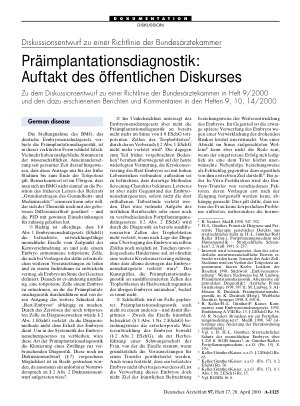 Vorschauseite 1: Diskussionsentwurf zu einer Richtlinie der Bundesärztekammer - Präimplantationsdiagnostik: Auftakt des öffentlichen Diskurses: German disease