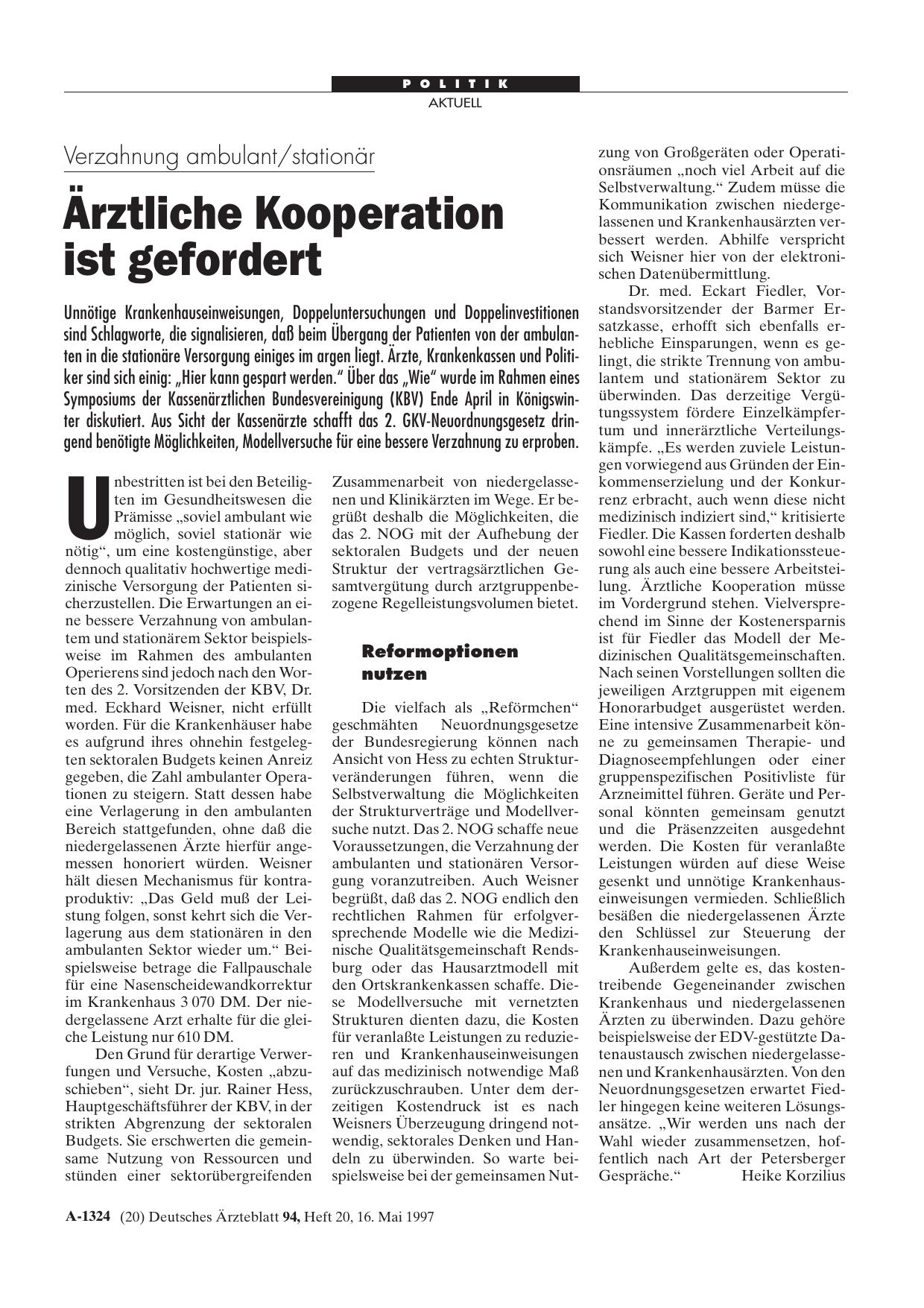 Vorschauseite 1: Verzahnung ambulant/stationär: Ärztliche Kooperation ist gefordert