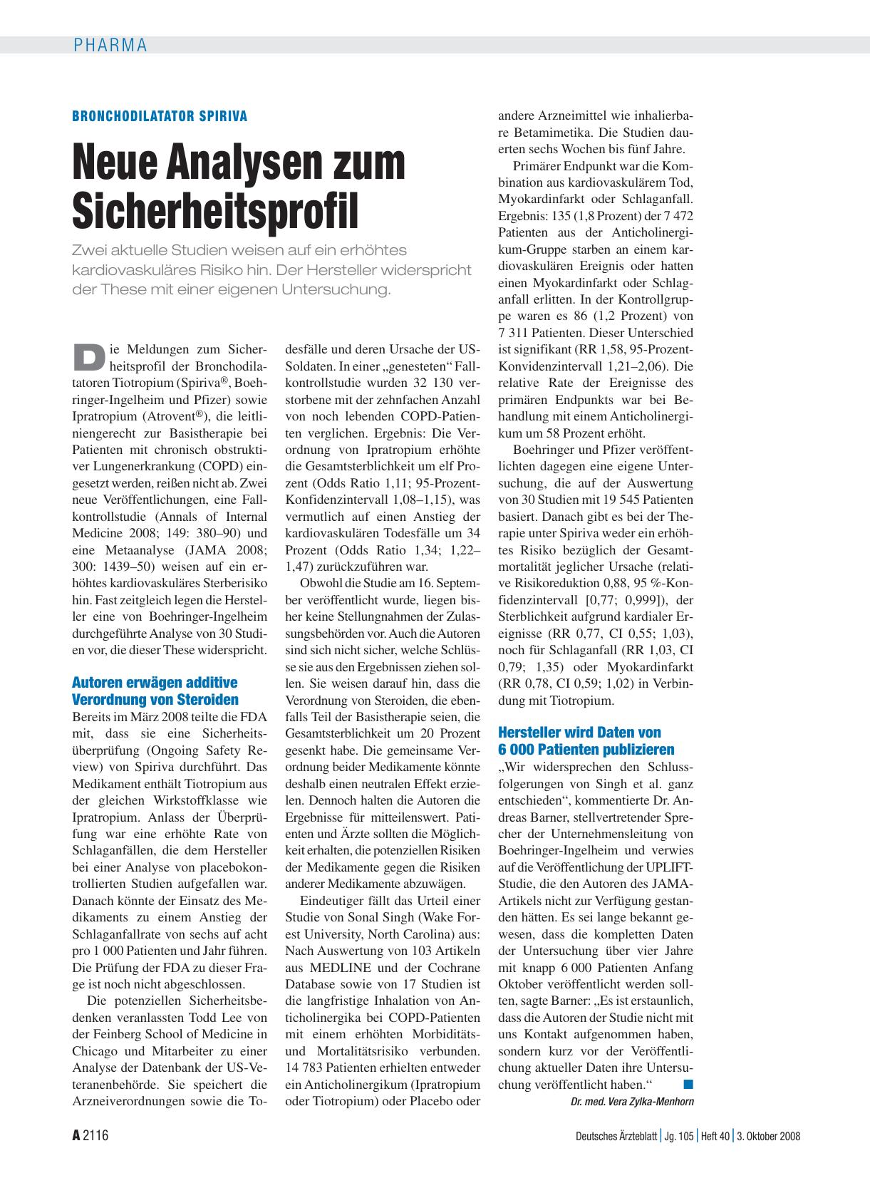 Vorschauseite 1: Bronchodilatator Spiriva: Neue Analysen zum Sicherheitsprofil