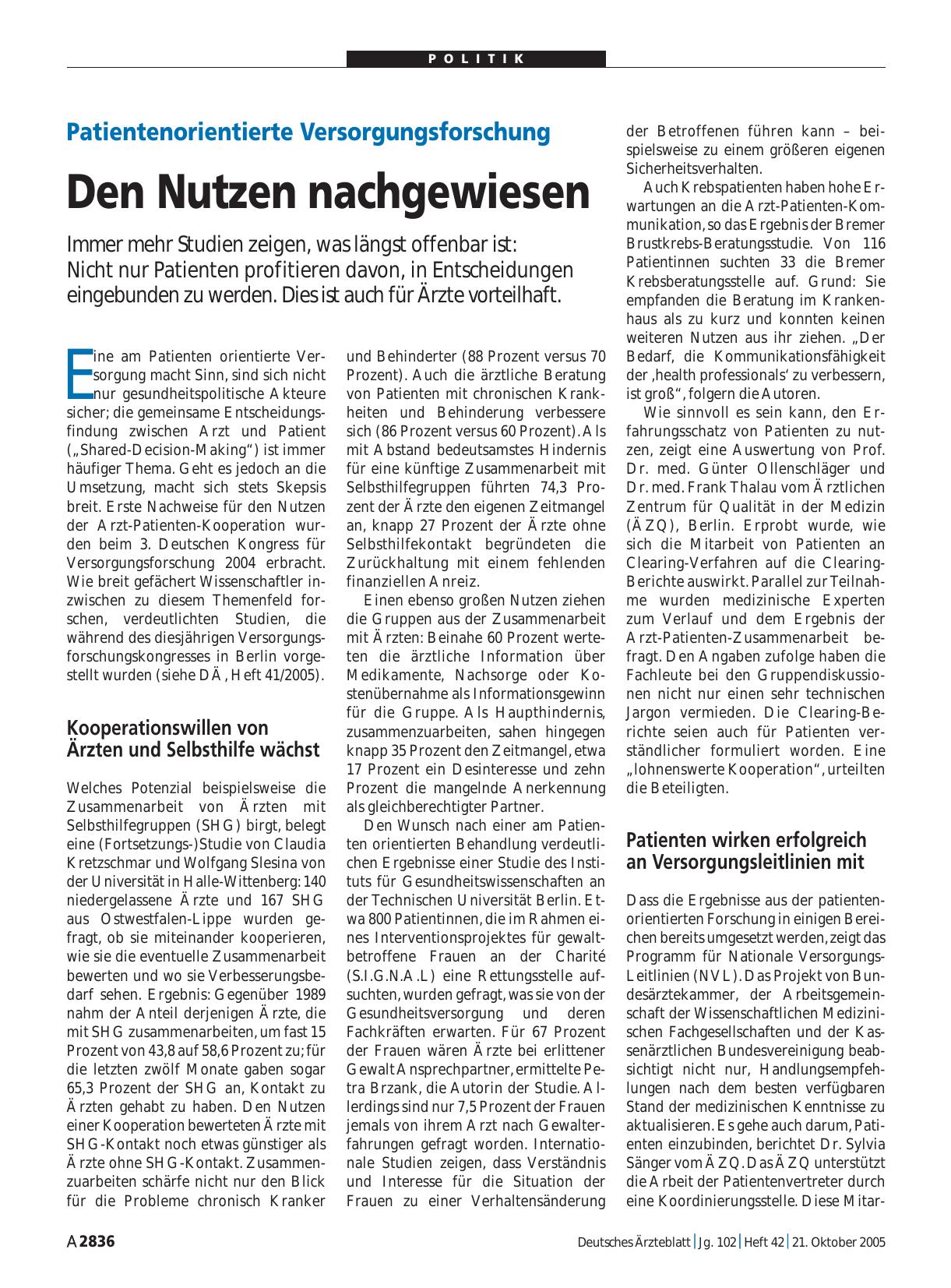 Vorschauseite 1: Patientenorientierte Versorgungsforschung: Den Nutzen nachgewiesen