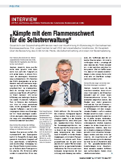 Vorschauseite 1: Interview mit Prof. Josef Hecken, unparteiischer Vorsitzender des Gemeinsamen Bundesausschuss (G-BA): „Kämpfe mit dem Flammenschwert für die Selbstverwaltung“