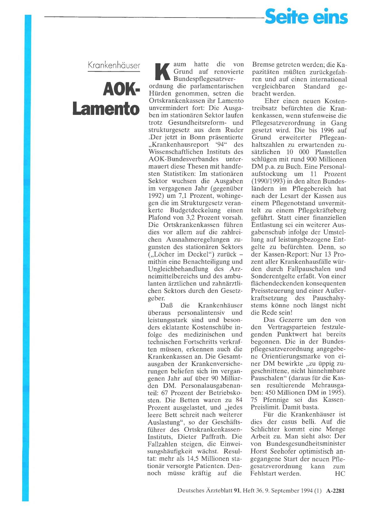 Vorschauseite 1: Krankenhäuser: AOK Lamento
