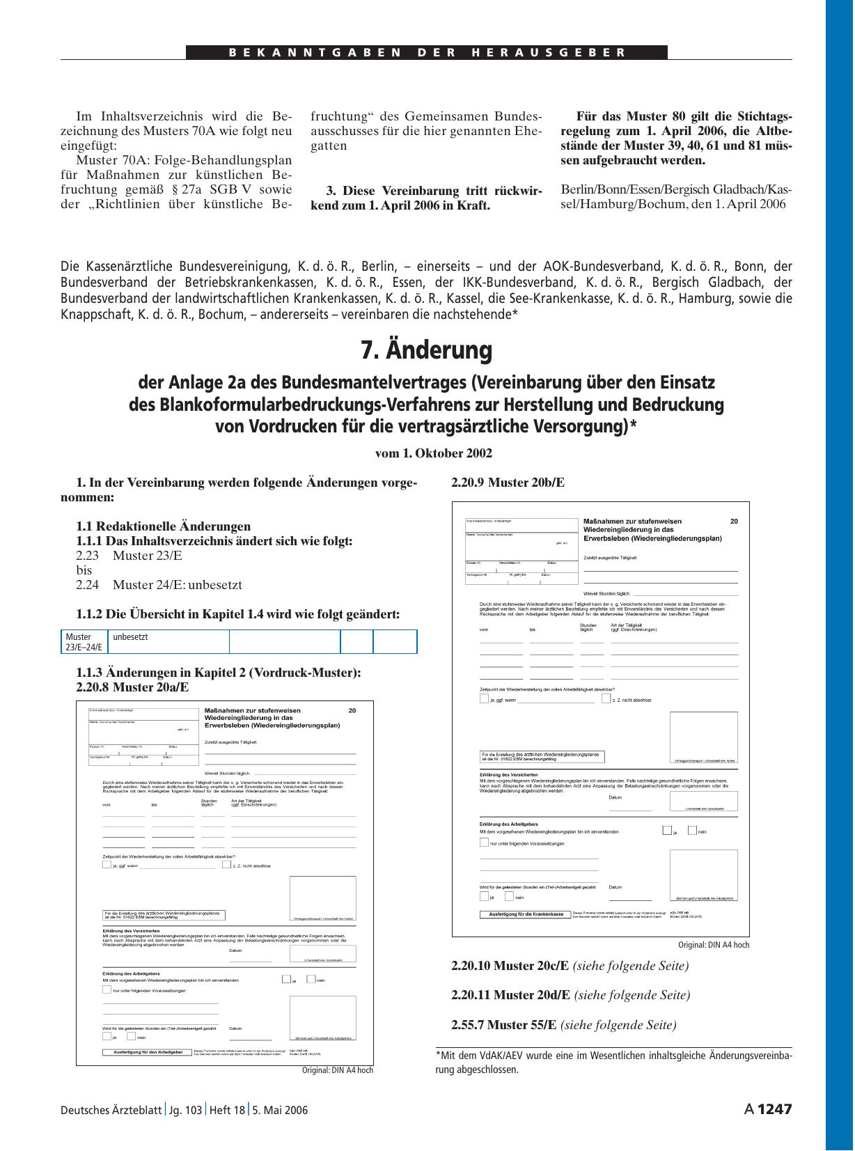 Vorschauseite 1: 7. Änderung der Anlage 2a des Bundesmantelvertrages (Vereinbarung über den Einsatz des Blankoformularbedruckungs-Verfahrens zur Herstellung und Bedruckung von Vordrucken für die v…