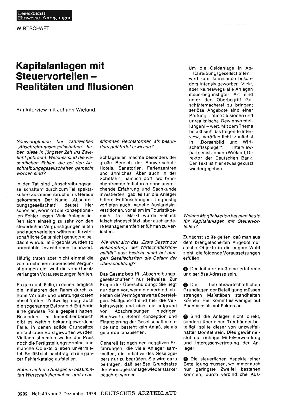 Vorschauseite 1: Kapitalanlagen mit Steuervorteilen Realitäten und Illusionen: Ein Interview mit Johann Wieland