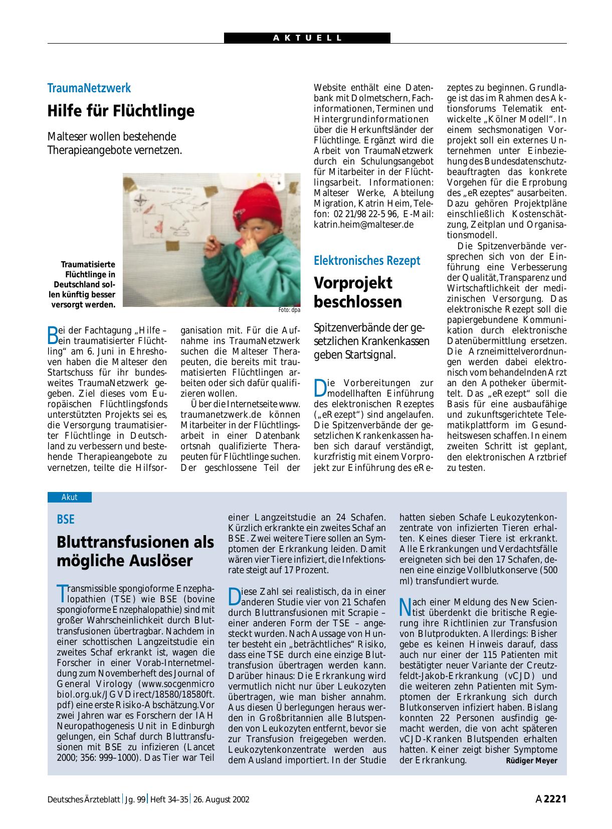 Vorschauseite 1: BSE: Bluttransfusionen als mögliche Auslöser
