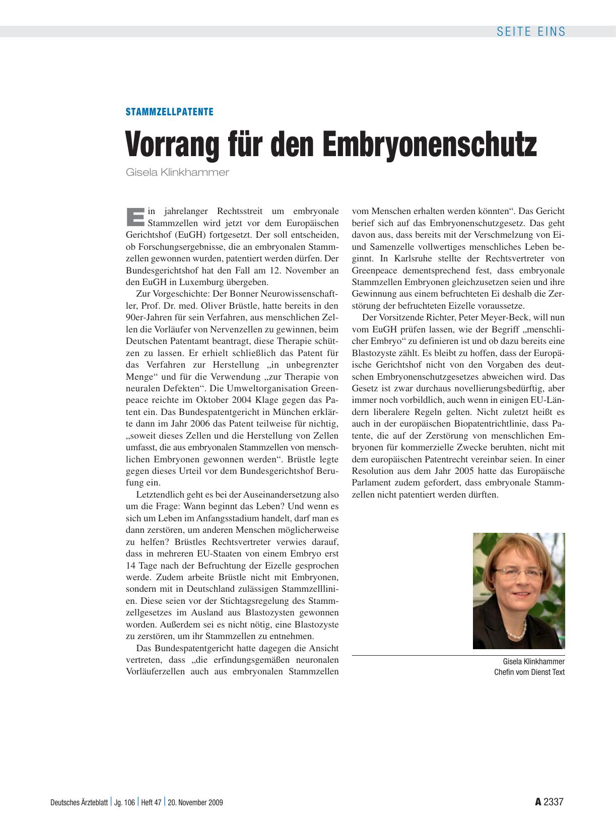 Vorschauseite 1: Stammzellpatente: Vorrang für den Embryonenschutz